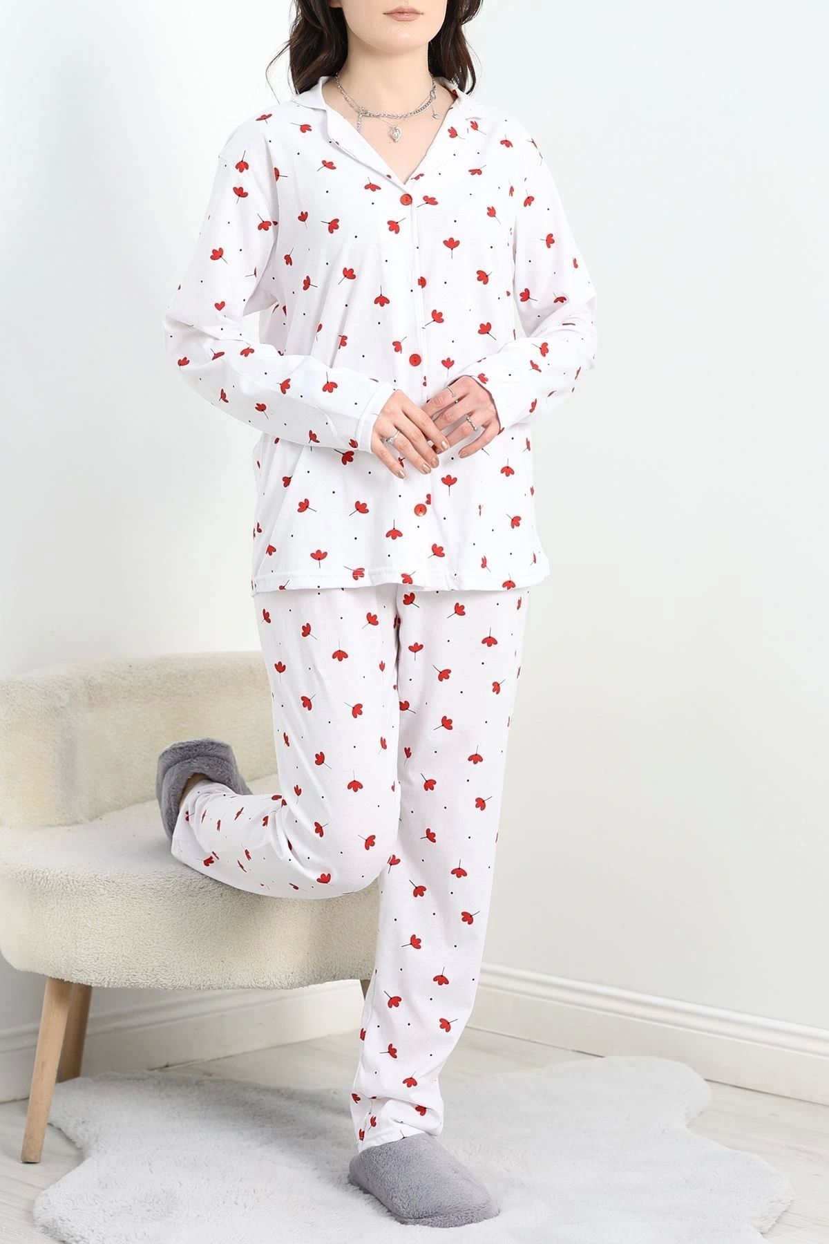 OurStyles Süprem Düğmeli Pijama Takımı Kırmızıbeyaz - 50160.1857.