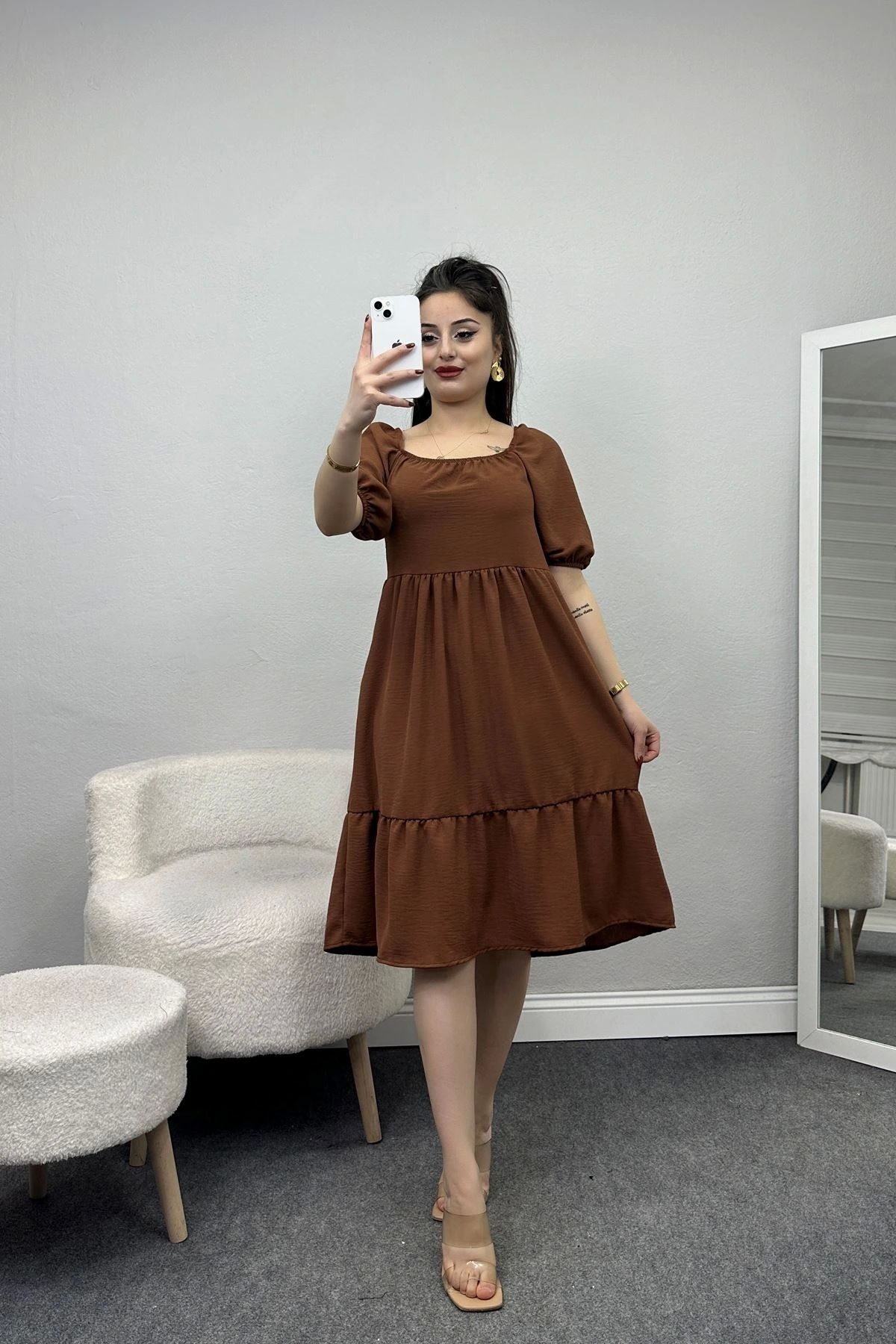 OurStyles Kare Yaka Balon Kol Elbise Kahve - 40688.701.