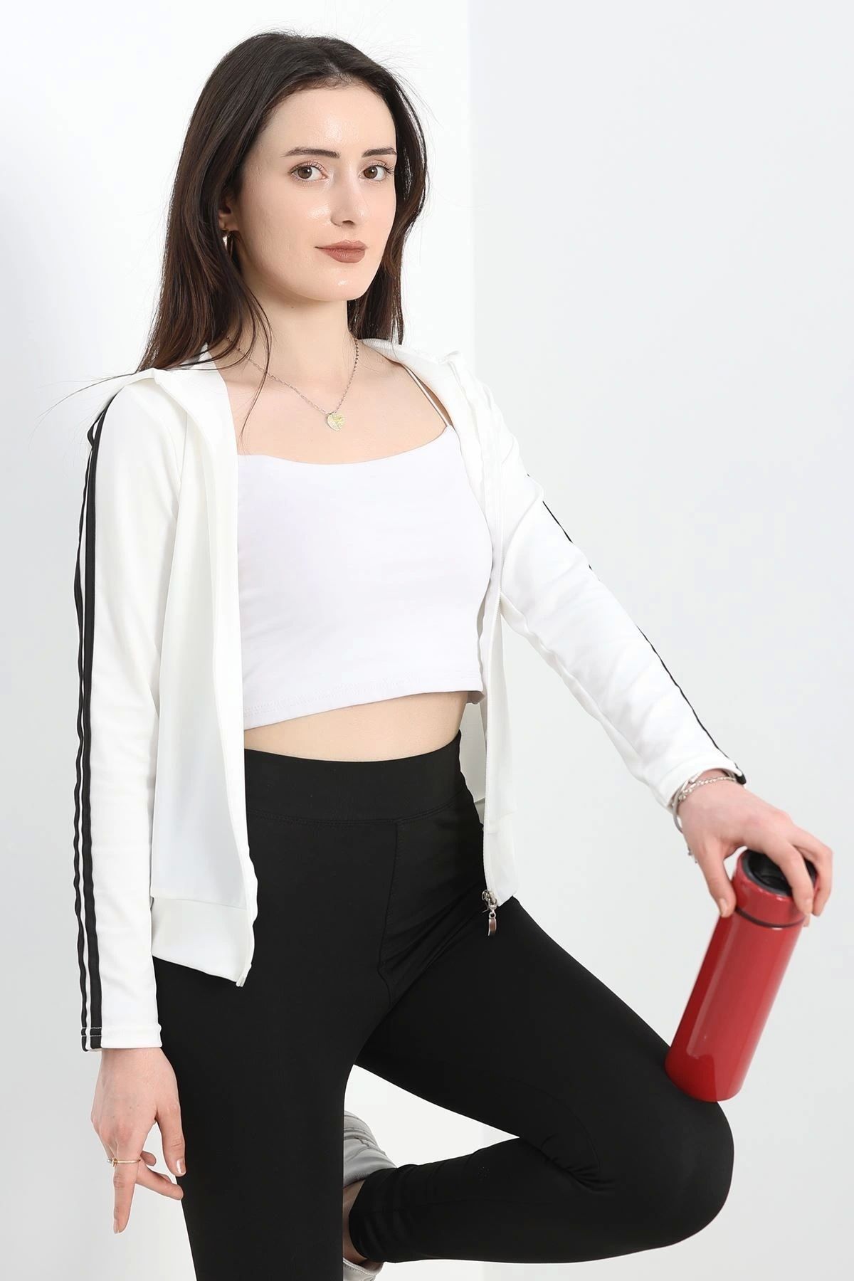 OurStyles Kapşonlu Şeritli Dalgıç Ceket Ekru - 40511.053.