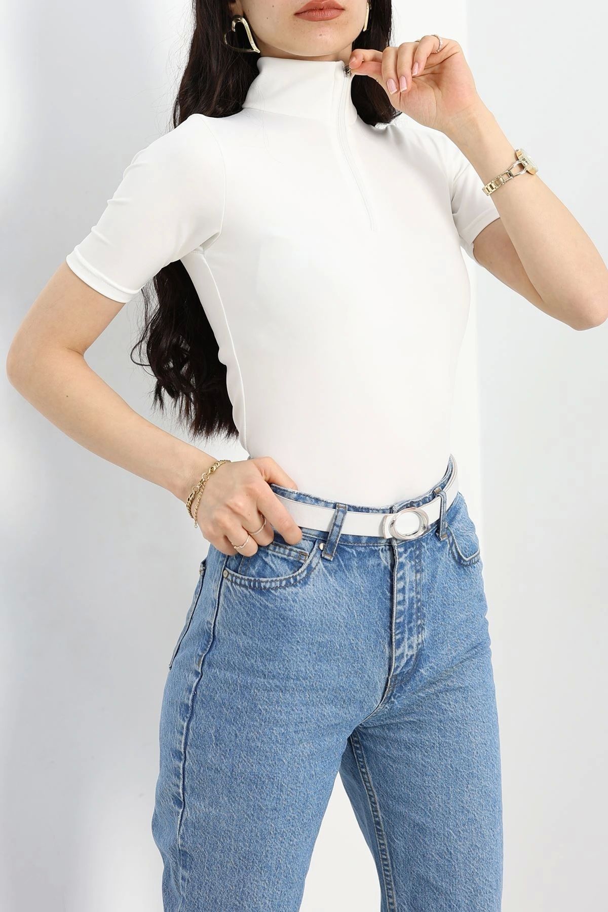 OurStyles Dalgıç Yarım Fermuar Kısa Kol Body Siyah - 50201.053.