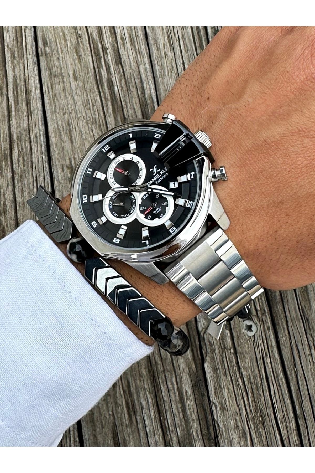 Daniel Klein Exclusıve Fonksiyonlu Çelik Kordon Erkek Kol Saati Doğal Taş Bileklik Hediyeli Dkln-876