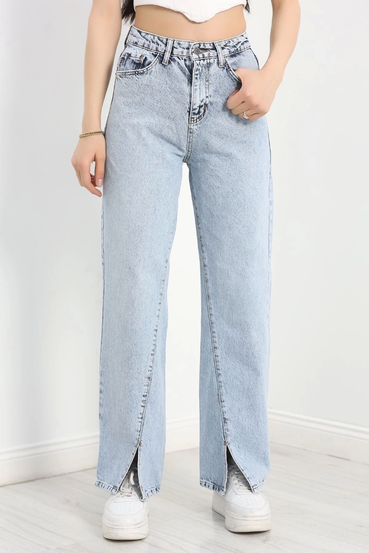 OurStyles Yırtmaç Detaylı Palazzo Kot Pantolon Buzmavi - 30381.1975.