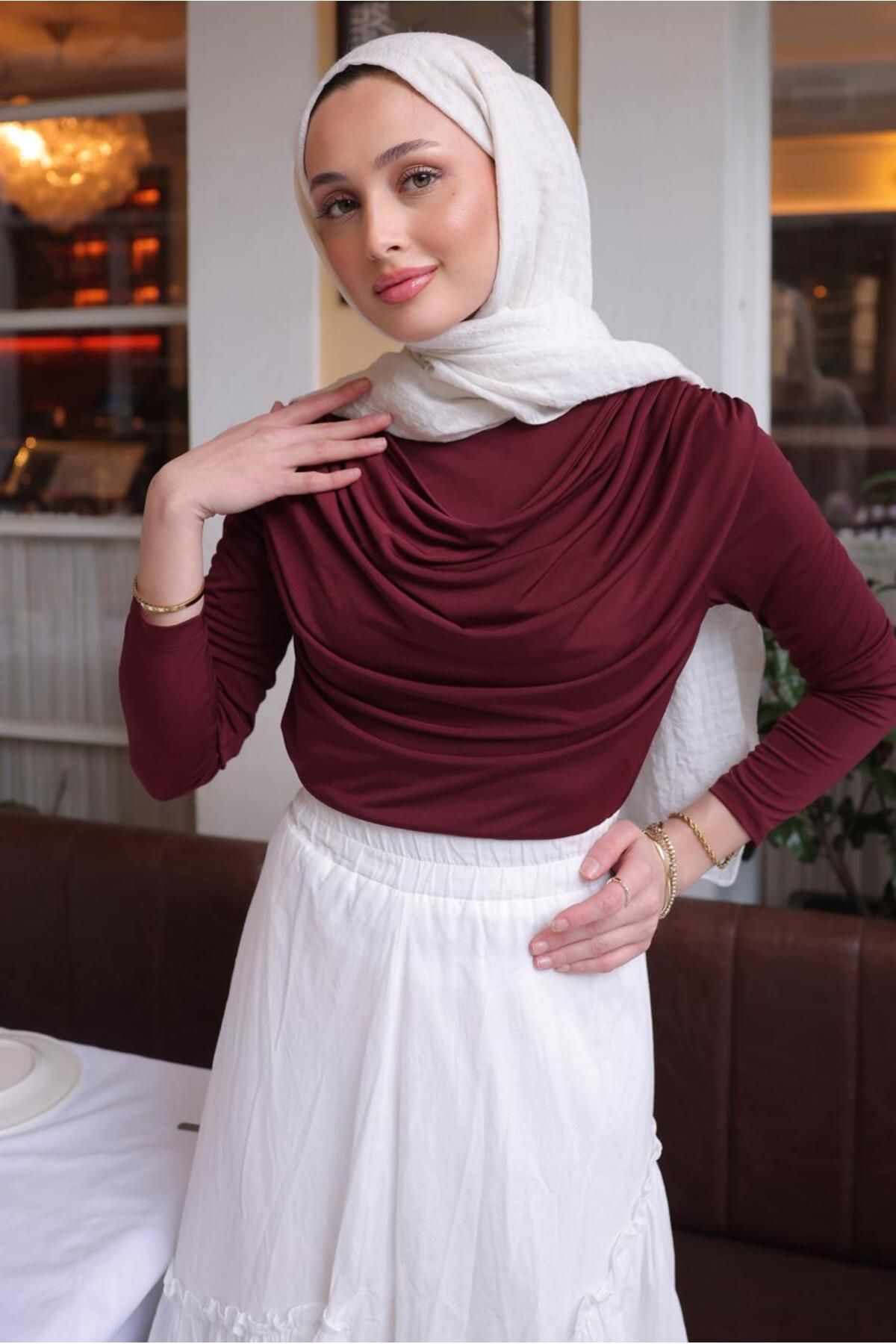 TRENDTESETTÜR KADIN BORDO DEGAJE YAKALI BLUZ T 4094