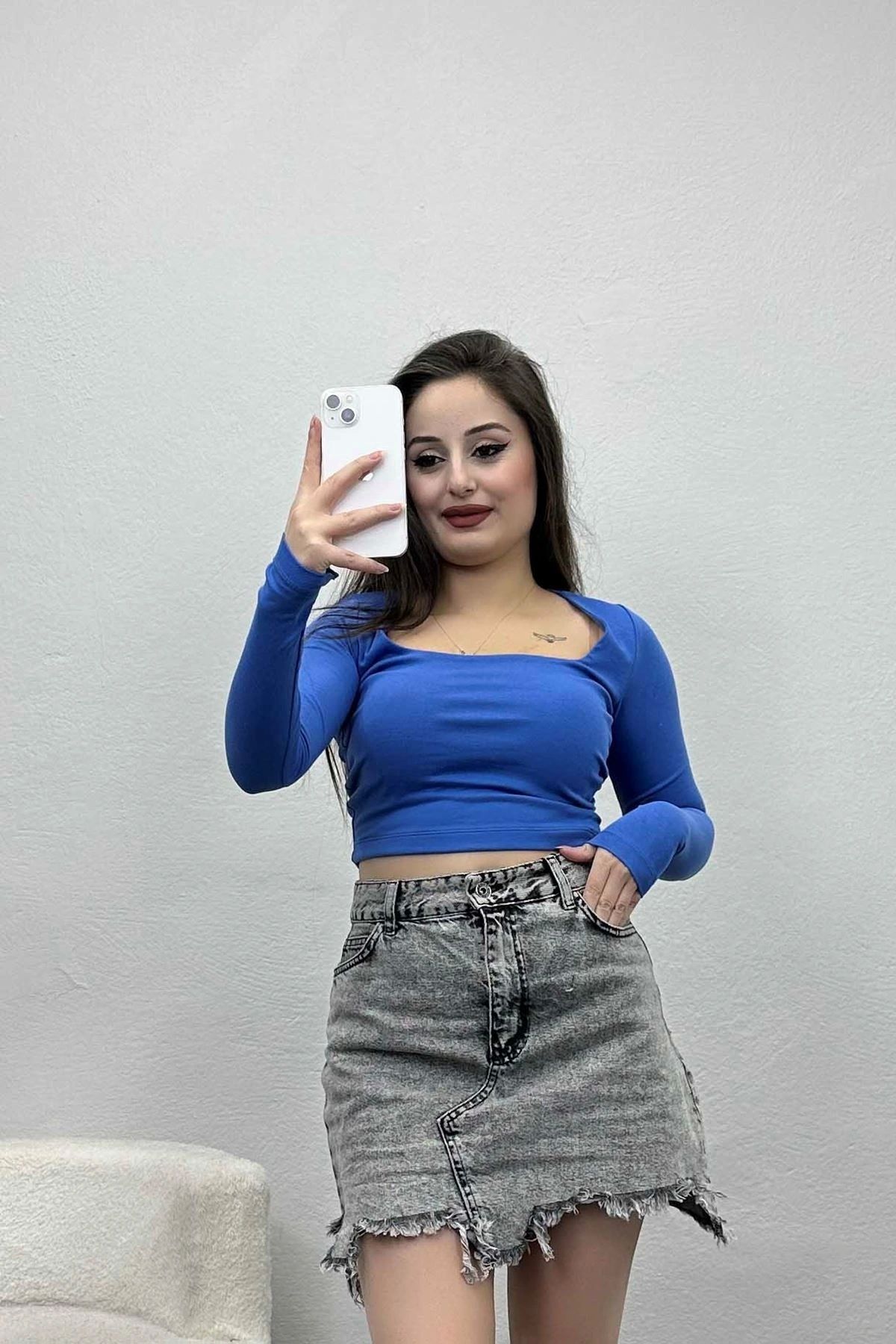 OurStyles Kare Yaka Crop Body Mavi - 21650.200.
