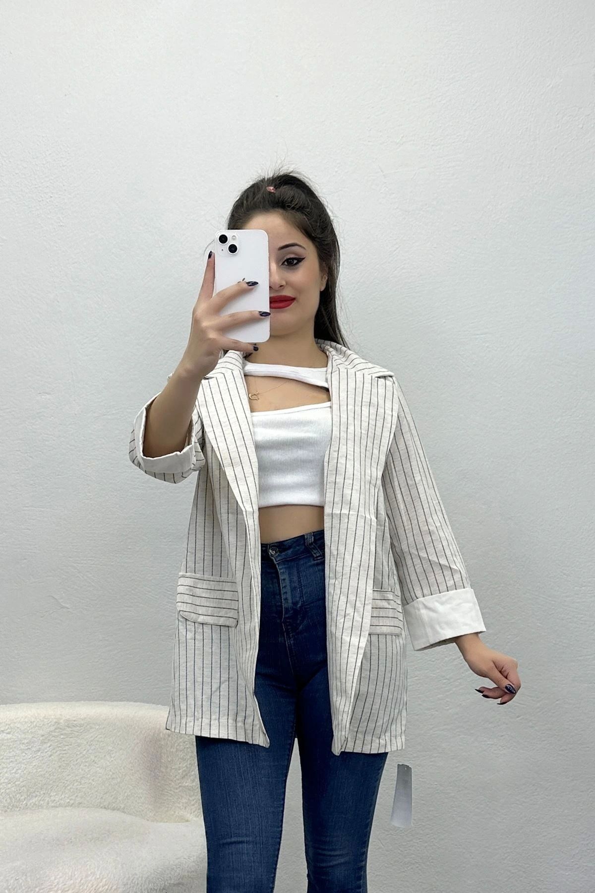 OurStyles Çizgili Keten Ceket Taşlaci - 1023.1247.