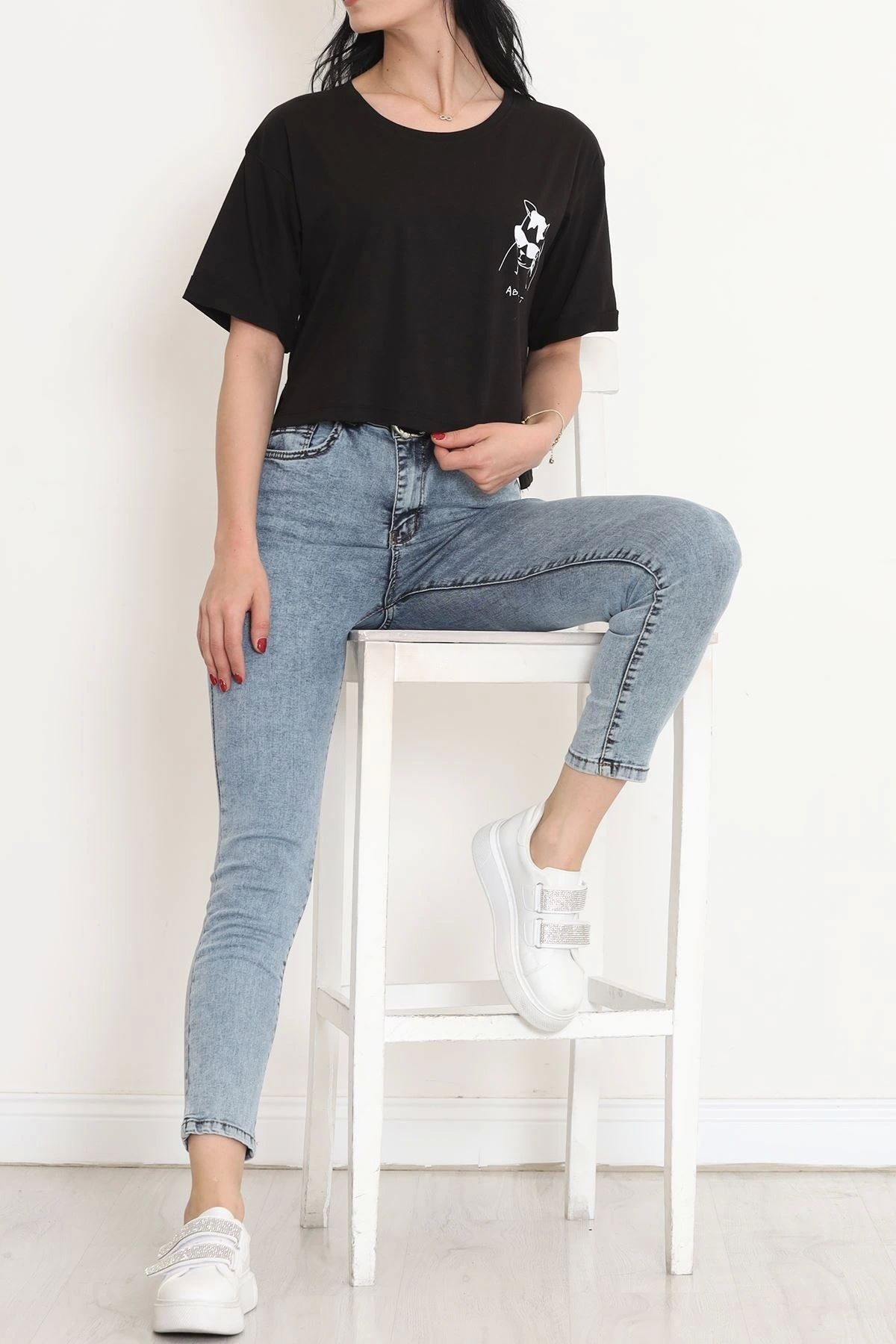 OurStyles Baskılı Crop Tişört Siyah - 18668.1567.