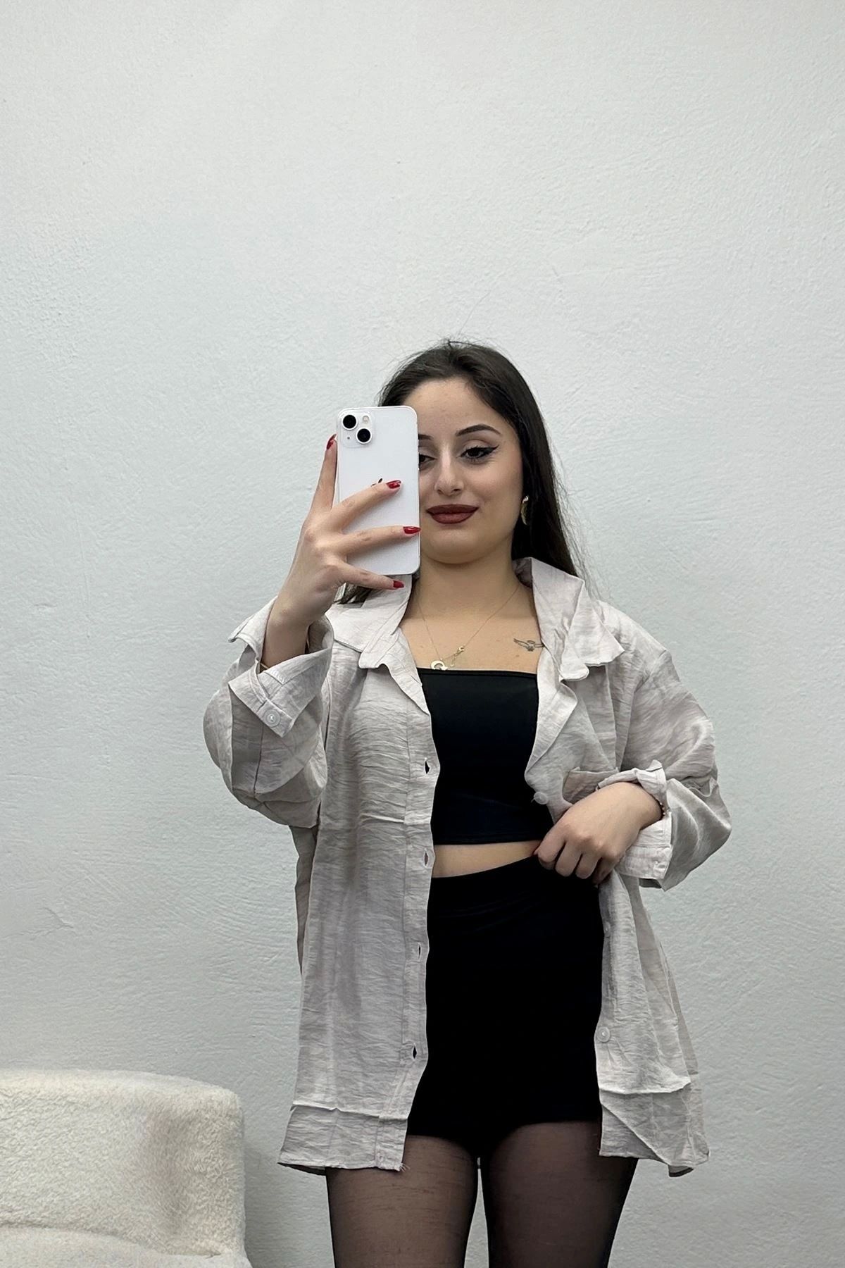 OurStyles Tek Cepli Düğmeli Gömlek Vizon - 22443.1247.