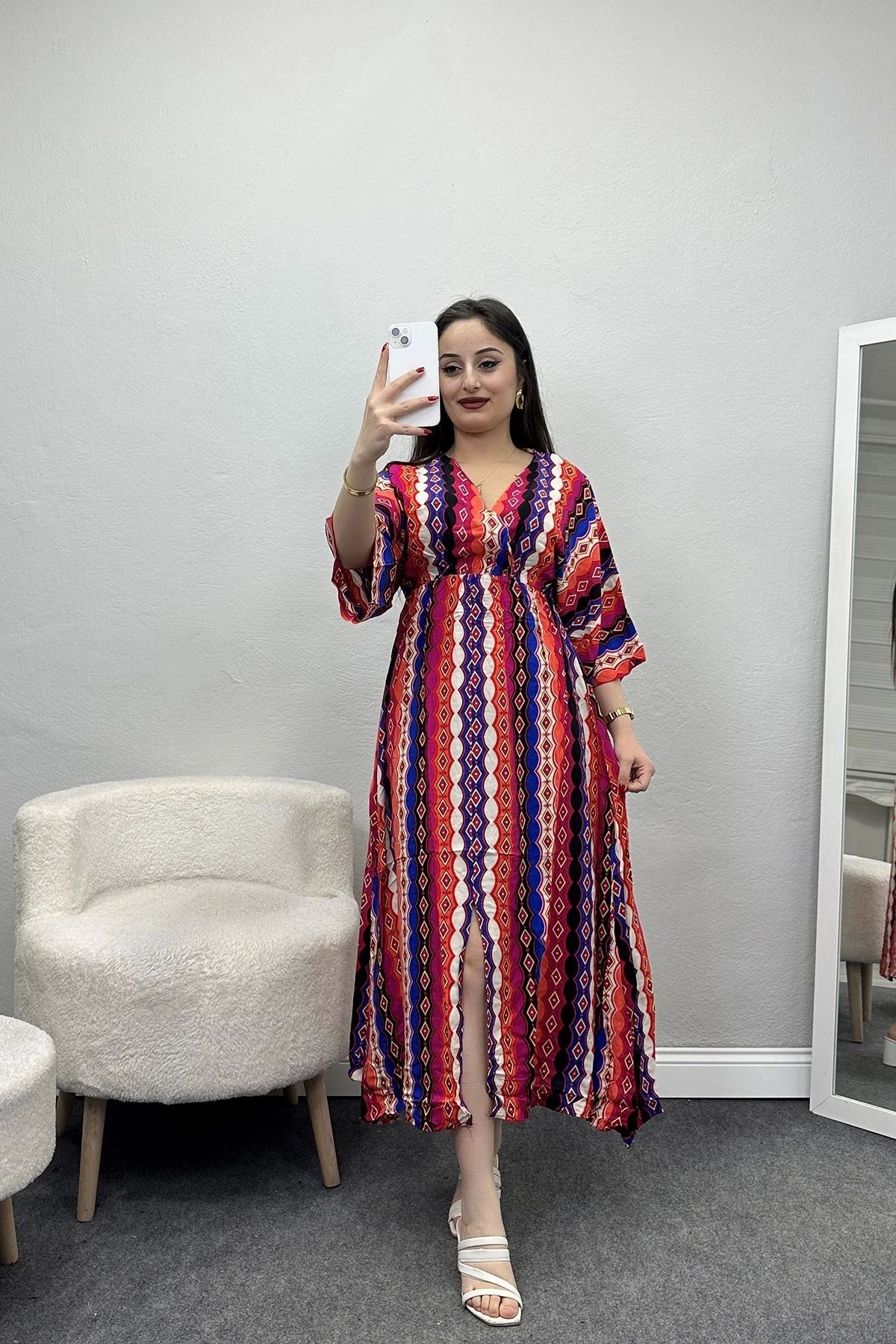 OurStyles Kruvaze Yaka Desenli Elbise Yeşil - 707.1247.