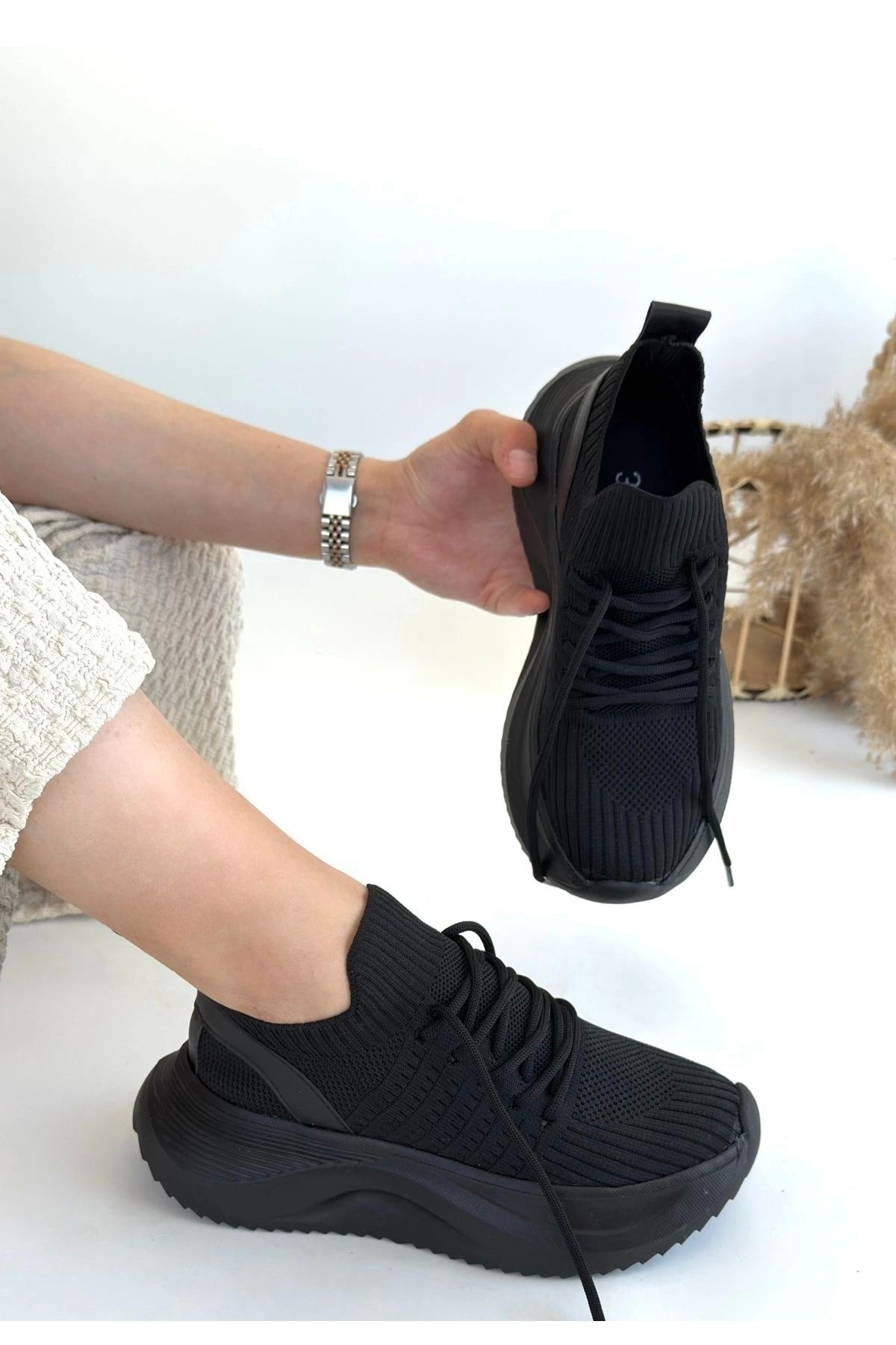 OurStyles Jindy Siyah Triko Bağcıklı Spor Ayakkabı