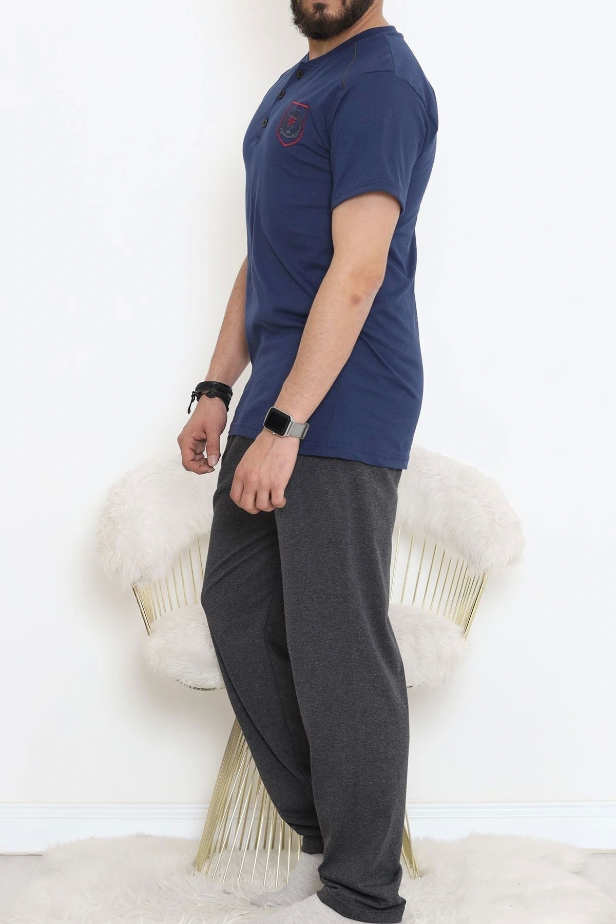 OurStyles Düğmeli Erkek Pijama Takımı Siyahgri - 17370.1048.