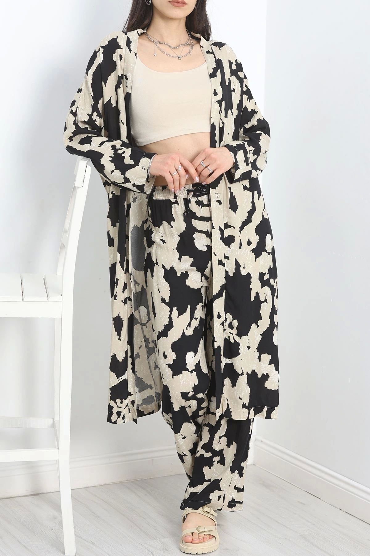OurStyles Desenli Kimono Takım Bejkahve - 19767.1247.