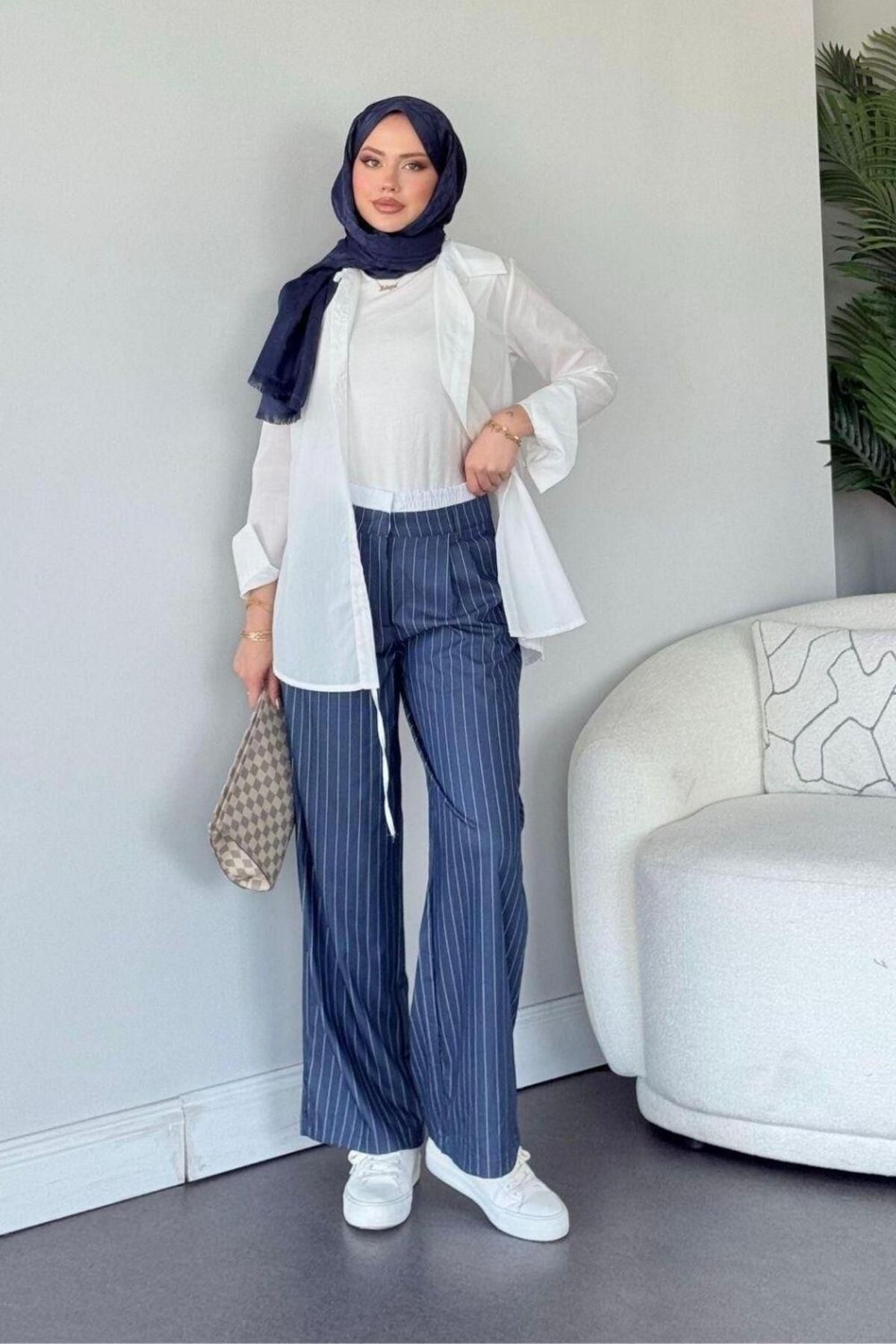 Şulemoda Giyim Brsk Çizgili Pantolon Mavi
