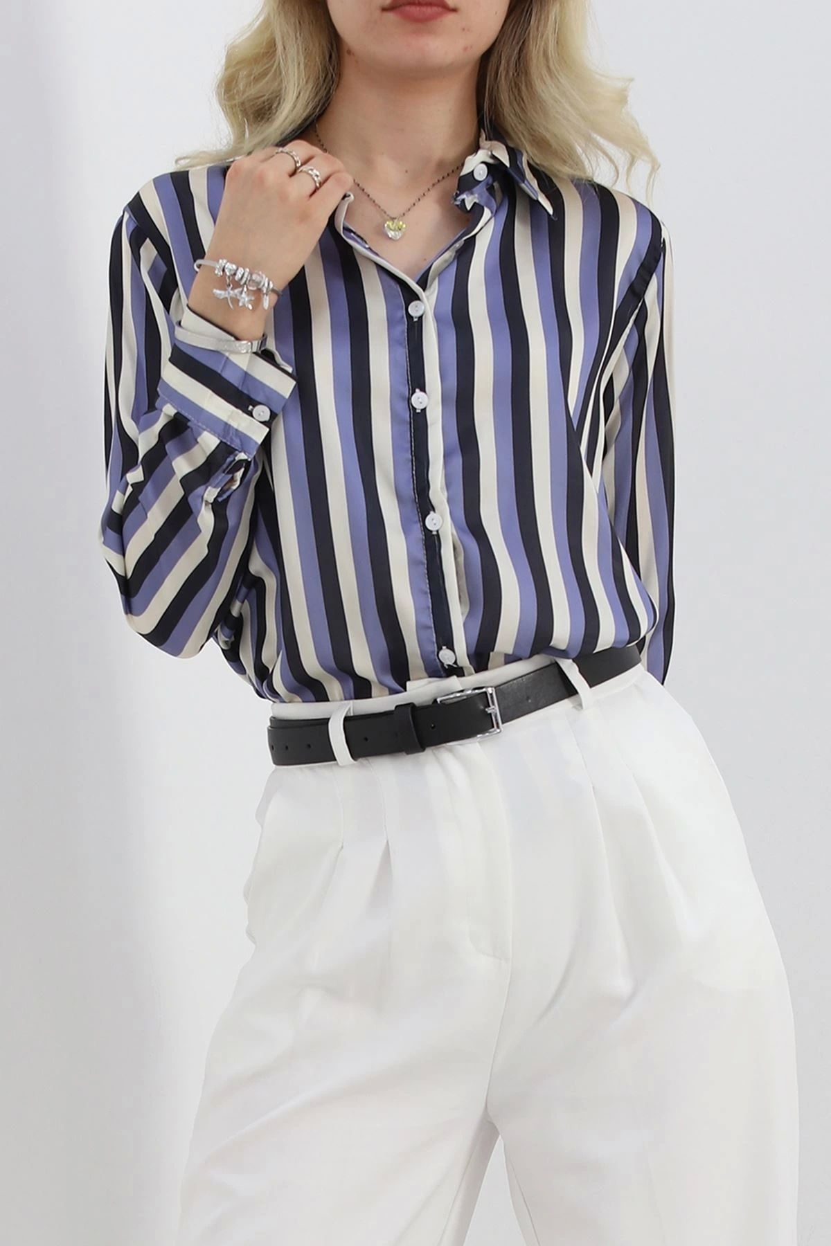 OurStyles Çizgili Saten Gömlek Morbej - 909.1247.