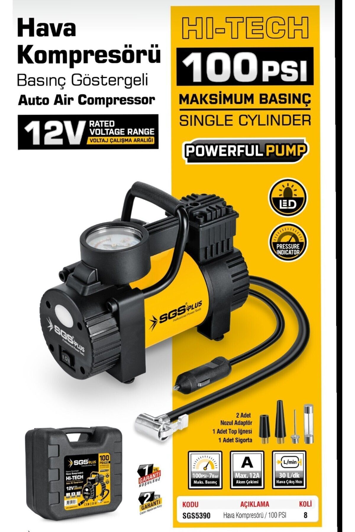 SGS Araç Hava Kompresörü 12v 100 Psı (BASINÇ GÖSTERGELİ) Çantalı