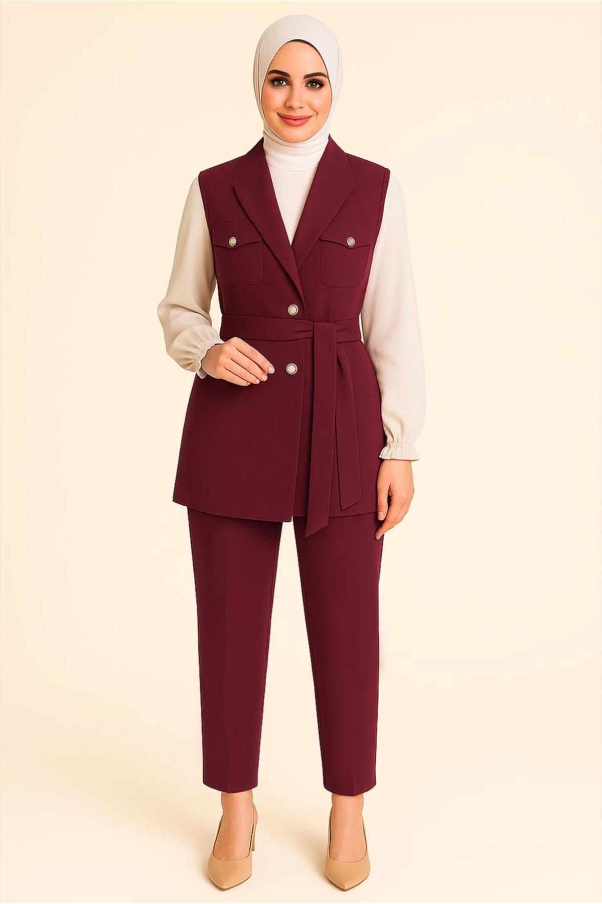 TRENDTESETTÜR KADIN BORDO KUŞAKLI ÜÇLÜ PANTOLONLU TAKIM T 9616