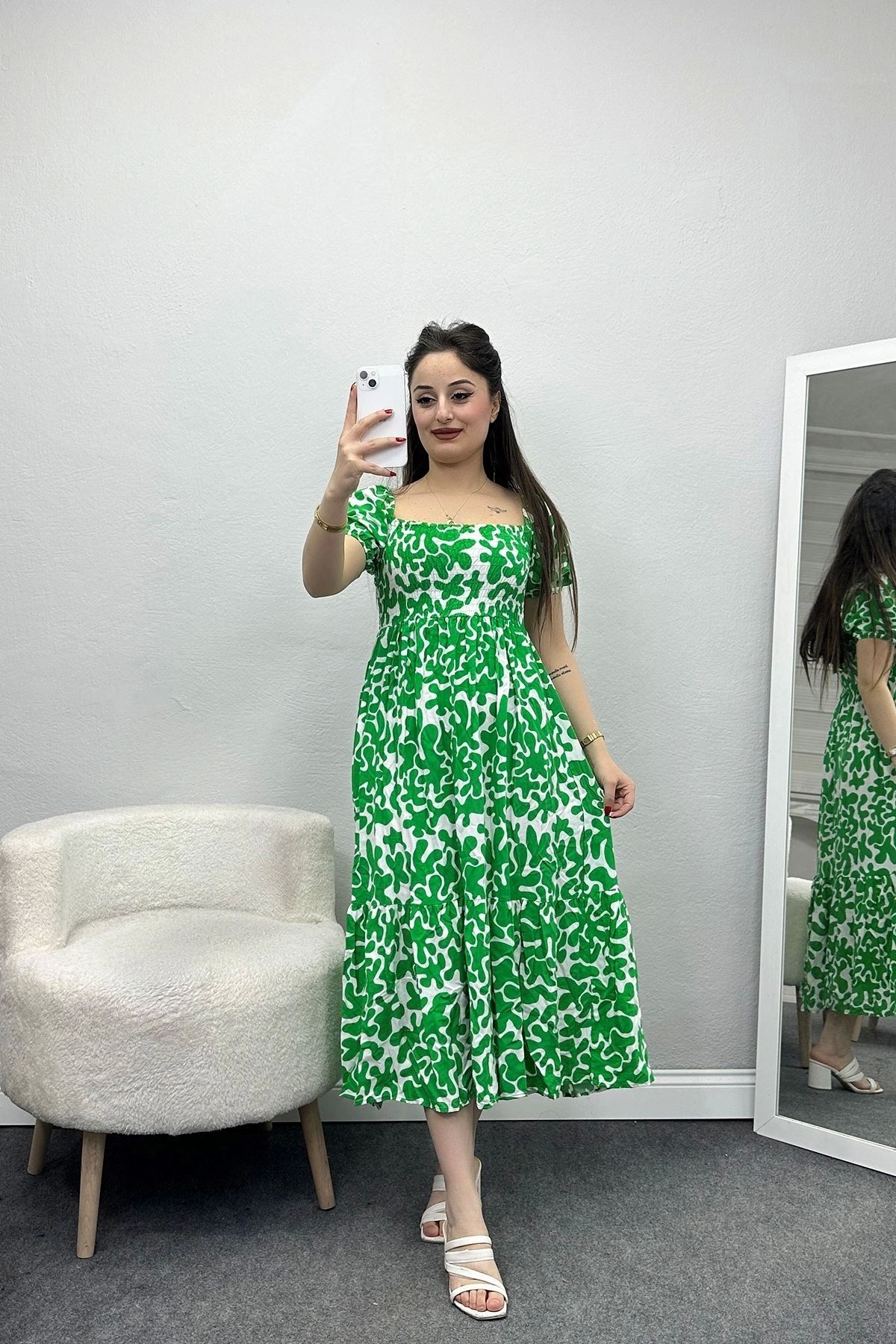 OurStyles Gipeli Çiçekli Elbise Yeşilbeyaz - 682.1247.