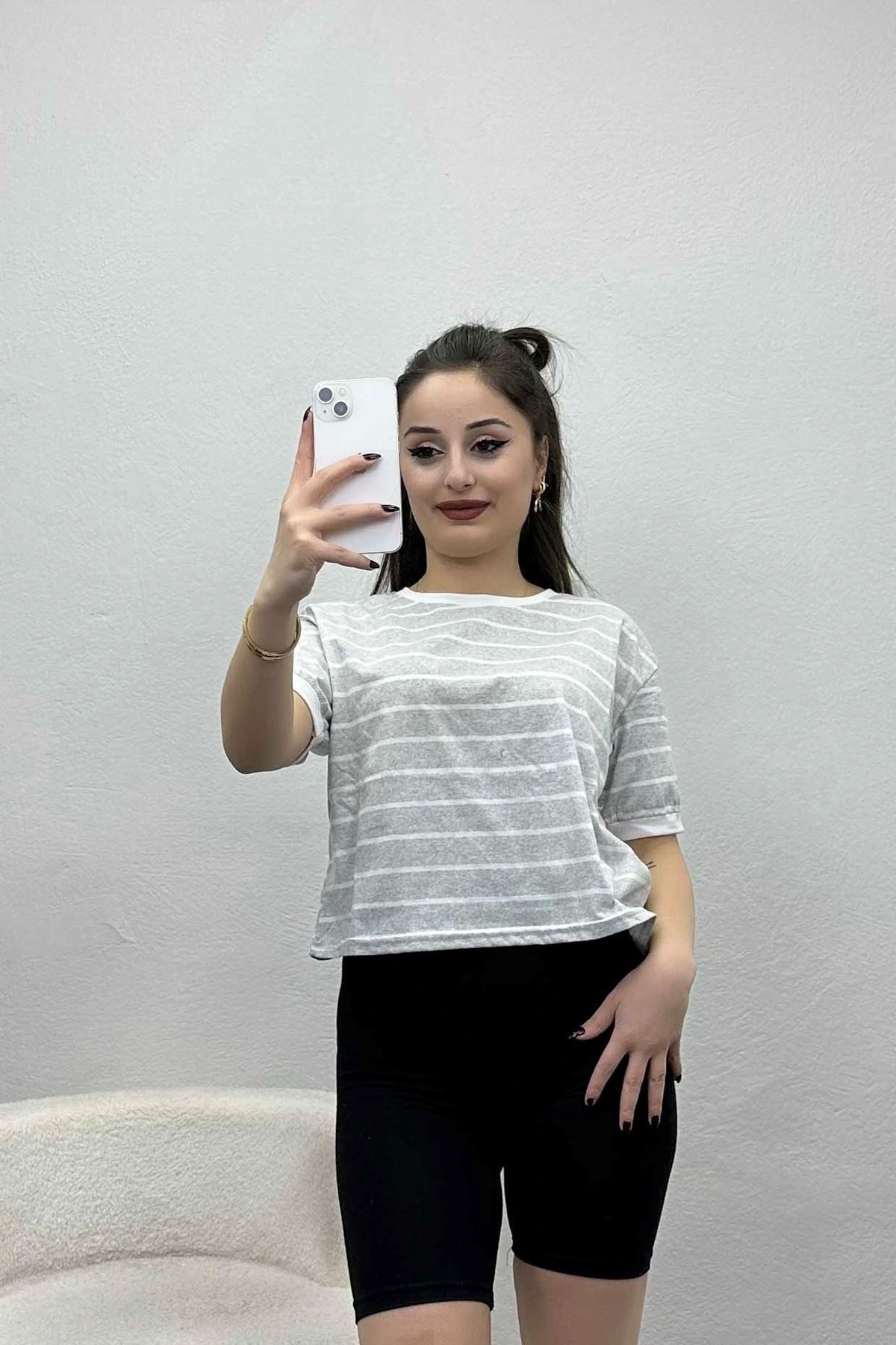 OurStyles Çizgili Suprem Crop Tişört Ekruzümrüt - 19670.1567.