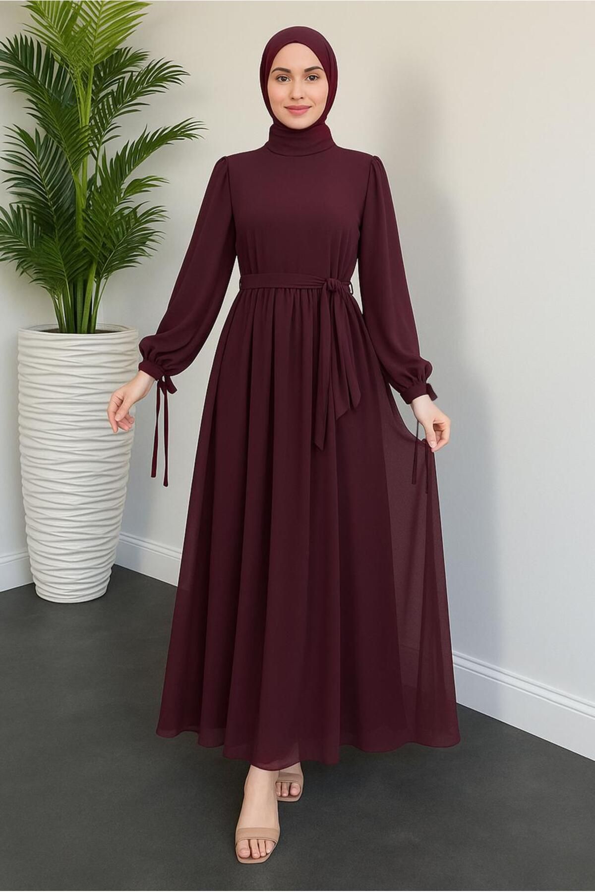 TRENDTESETTÜR KADIN BORDO KUŞAKLI ŞİFON ELBİSE T 7126