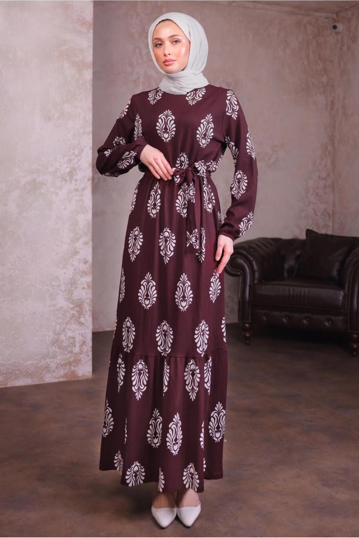 TRENDTESETTÜR KADIN BORDO KUŞAKLI DESENLİ ELBİSE T 2684
