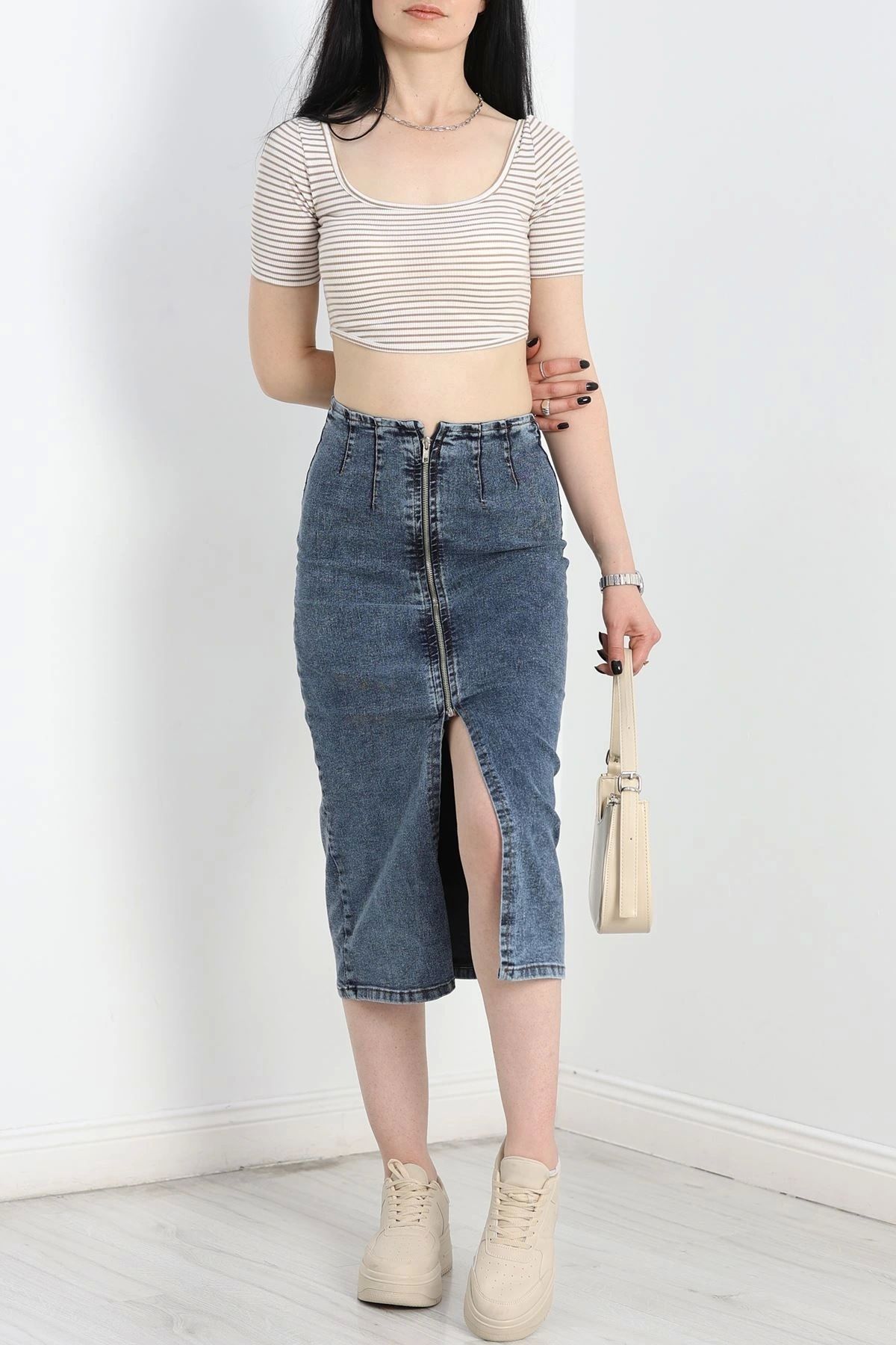 OurStyles Fermuarlı Kot Etek Buzmavi - 30815.1184.