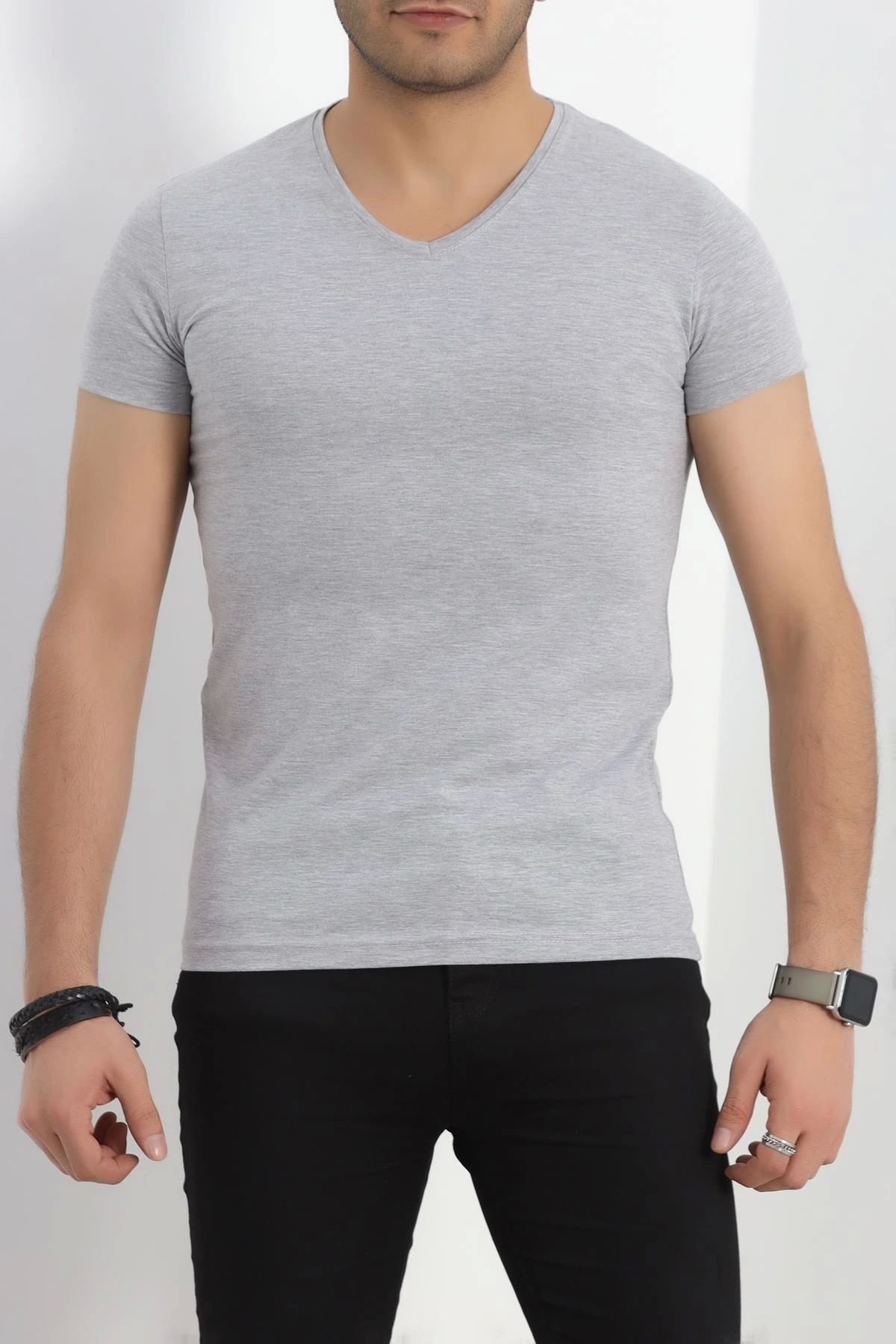 OurStyles Erkek Slim Fit Kısa Kol V Yaka Body Füme - 19956.200.