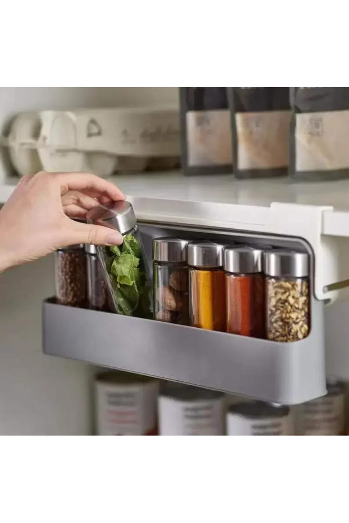 Generic-Spice Storage Organizer, Under Shelf Pull Out Bar for Closet Spice Storage, One Size, Grey-White 4