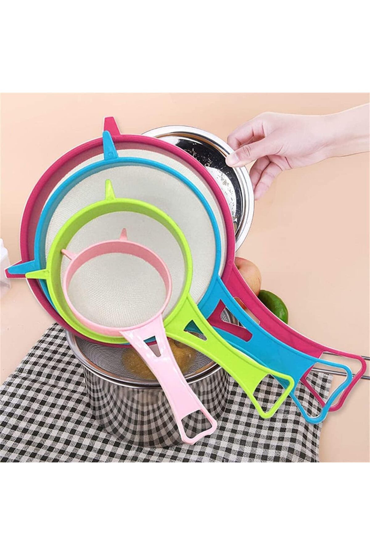 Generic-Plastic Mesh Strainer Colander Set, Food Soy Milk Flour Sieve Plastic Colander Strainer with Long H 5