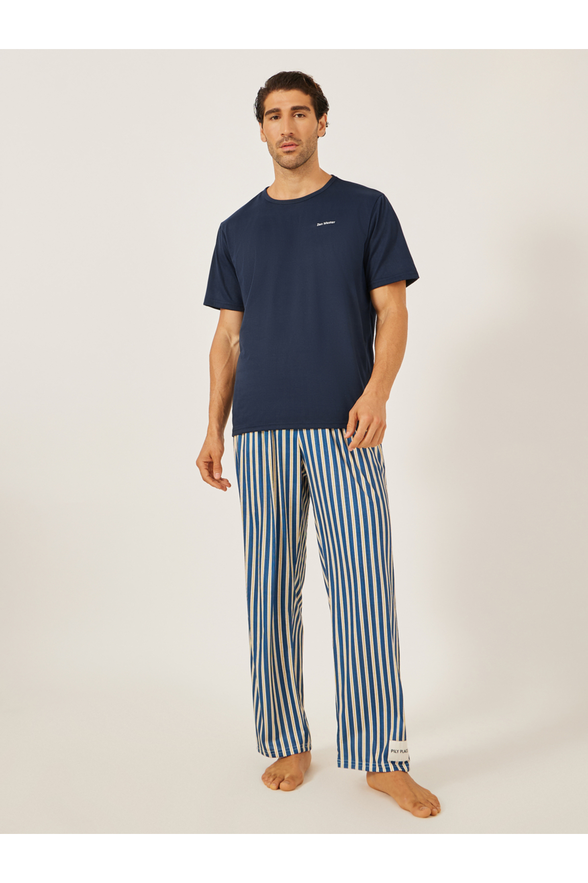 Styli Minimal Printed T-Shirt and Striped Badge Detail Pyjama Set