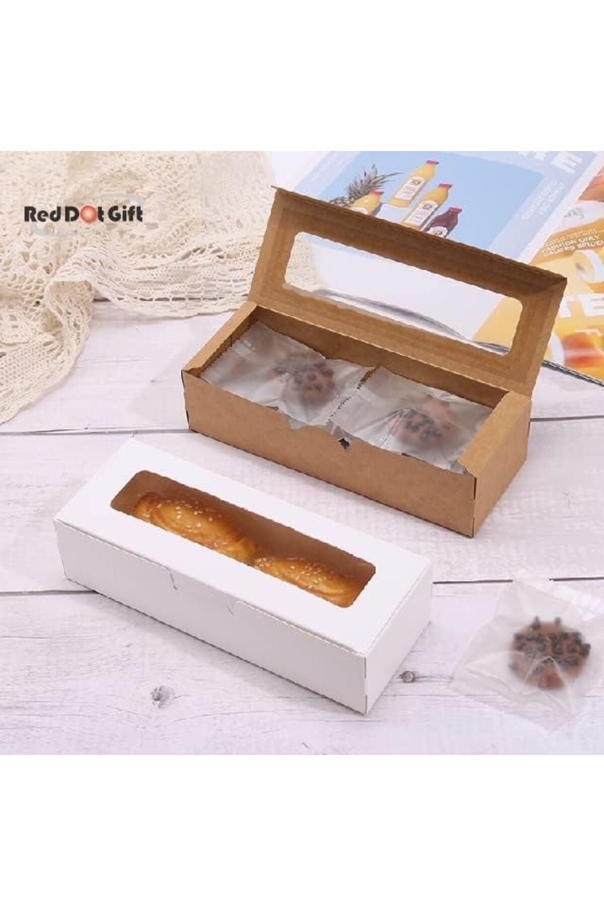Generic-Red Dot Gift Pack of 12 Rectangular Bakery Boxes with Window,Paper Macaron Box, Biscuit,Candy Box ( 7