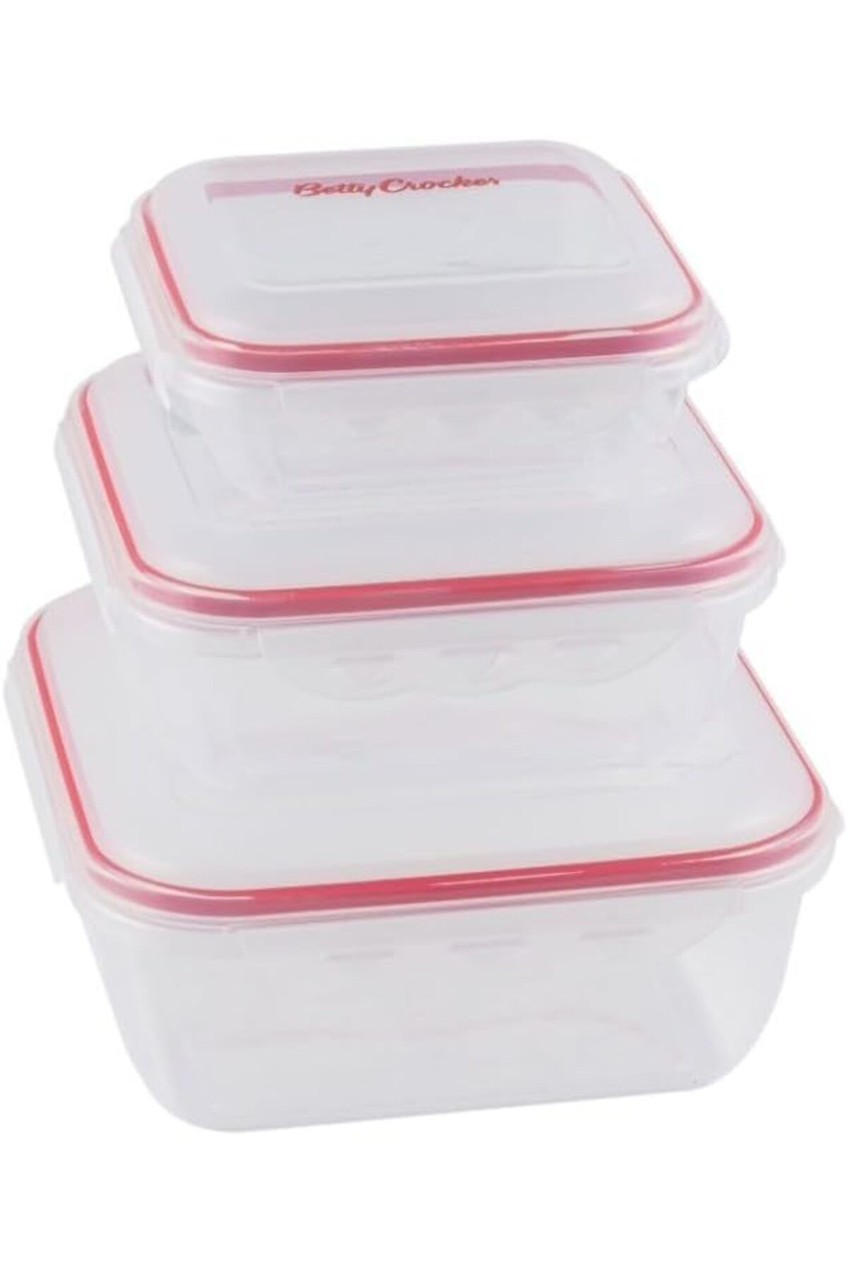 Generic-Betty Crocker 3 Piece Square Storage Container Set,Transparent & Red, 650/1500/2800Ml,BC5024 1