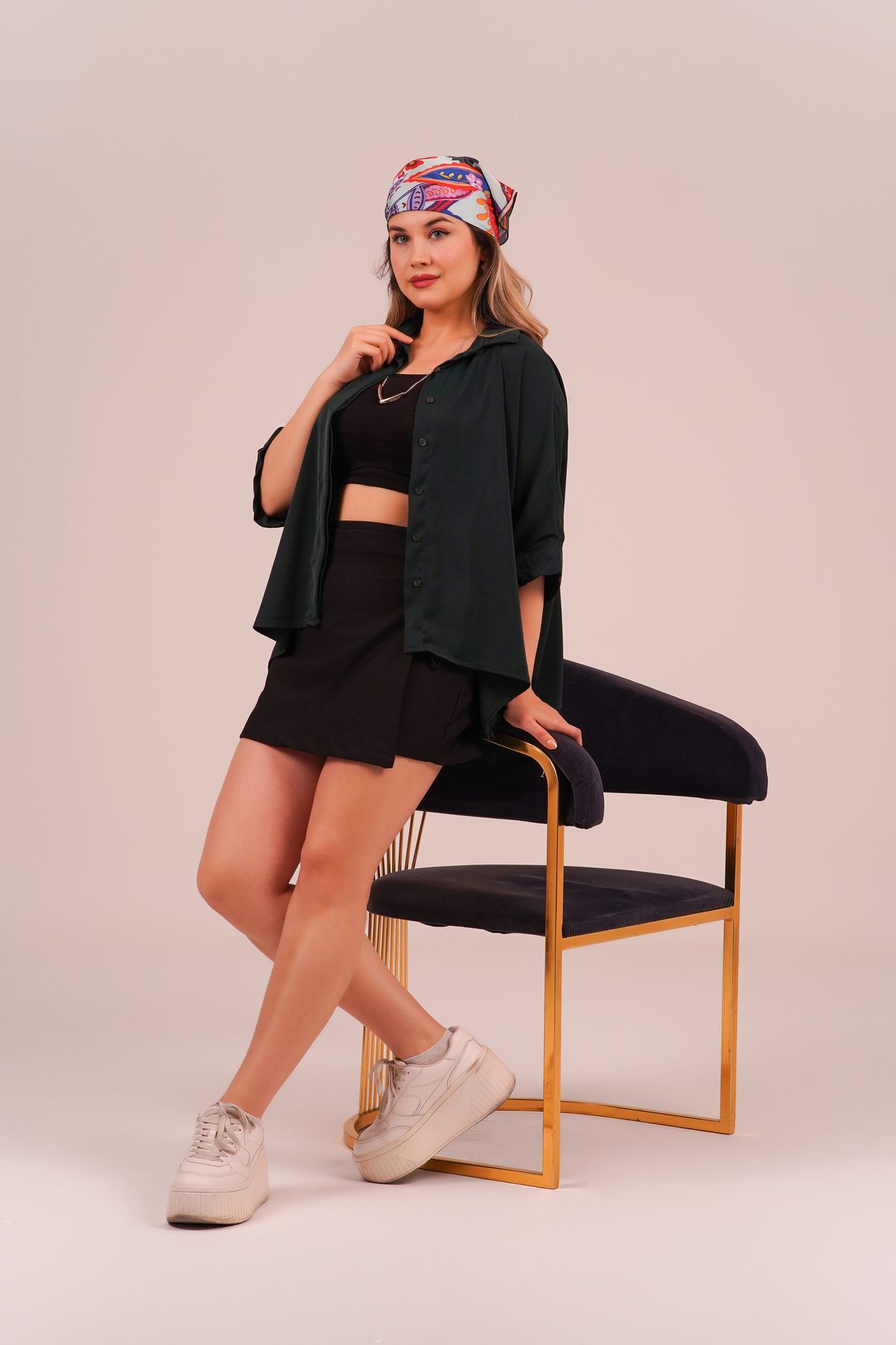 kazarina kadın vision yeşil oversize truvakar kollu kısa gömlek