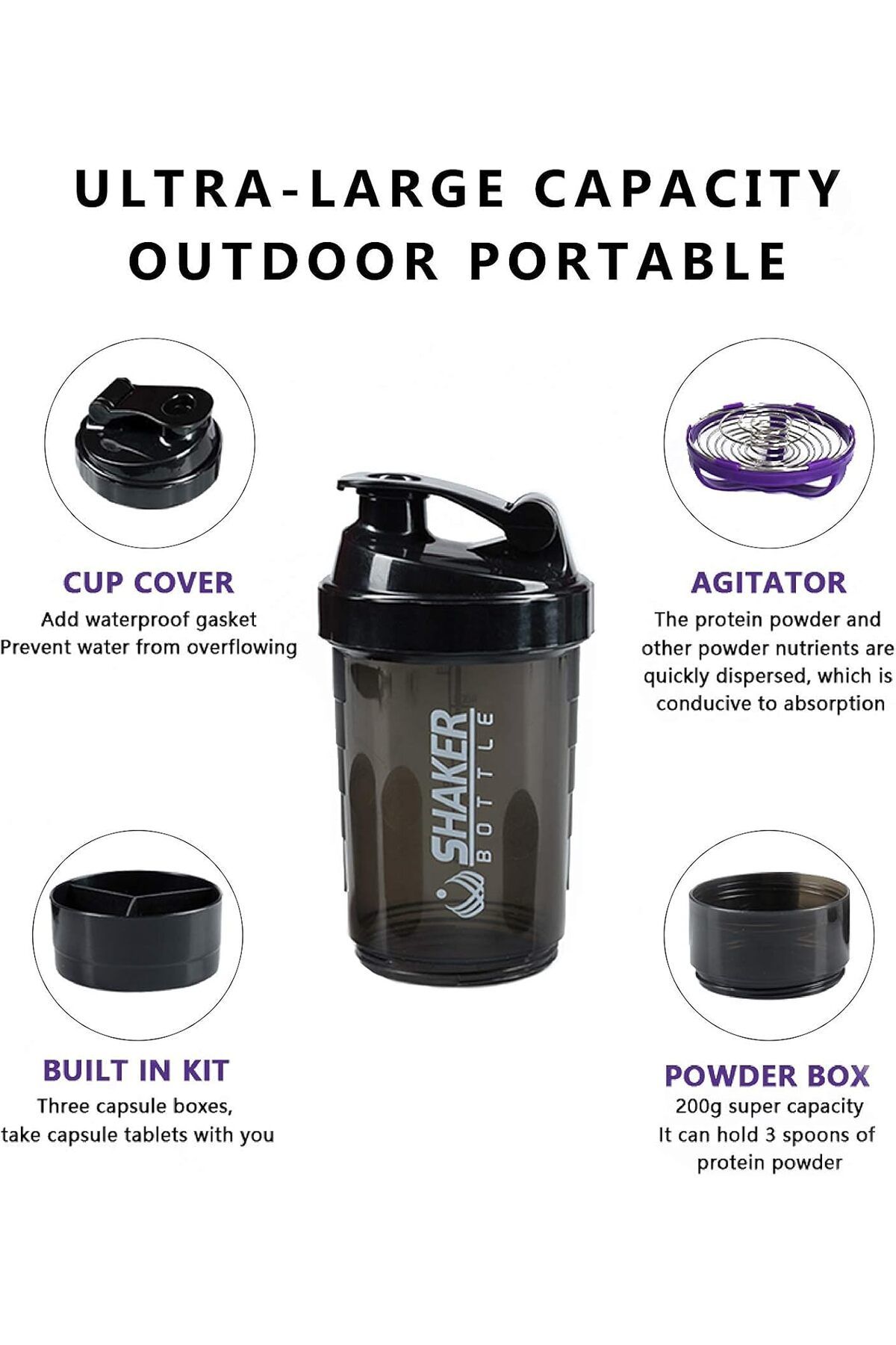 Generic-Greneric Protein Shaker Bottle - Sports Water Bottle - Non Slip 3 Layer Twist off 3oz Cups with Pil 4