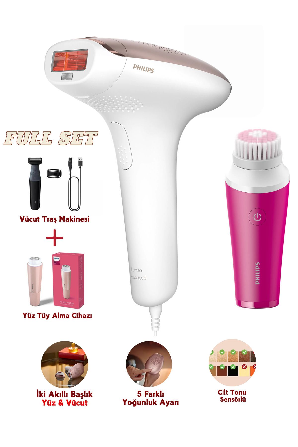 Cilt Tonu Sensörlü Premium Epilasyon Full Seti - Yüz & Vücut 2 Ayrı Başlıklı - Uzun Ömürlü Kullanım