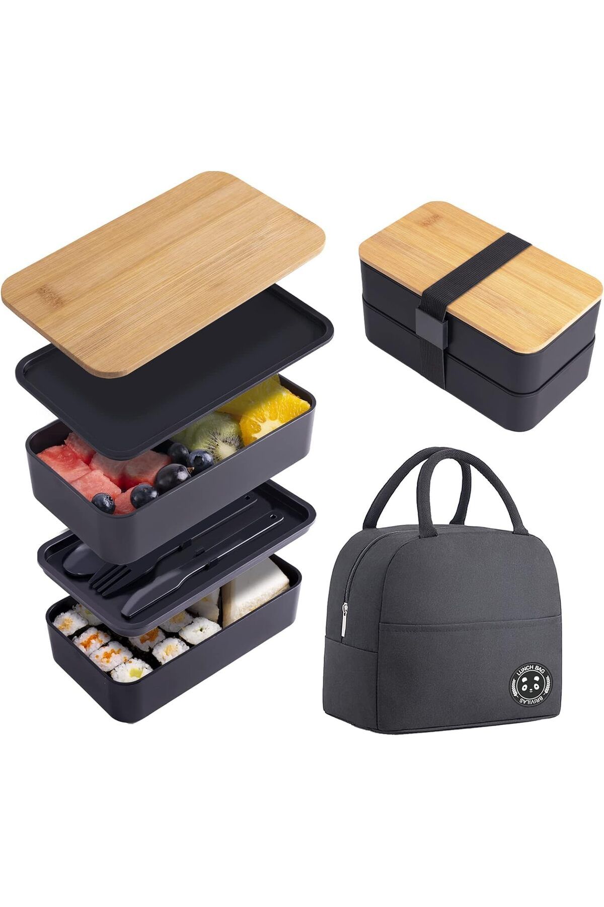 Generic-ALMEKAQUZ Japanese Bamboo Bento Box with Compartments and Utensils, Stackable Lunch Box Includes In 1