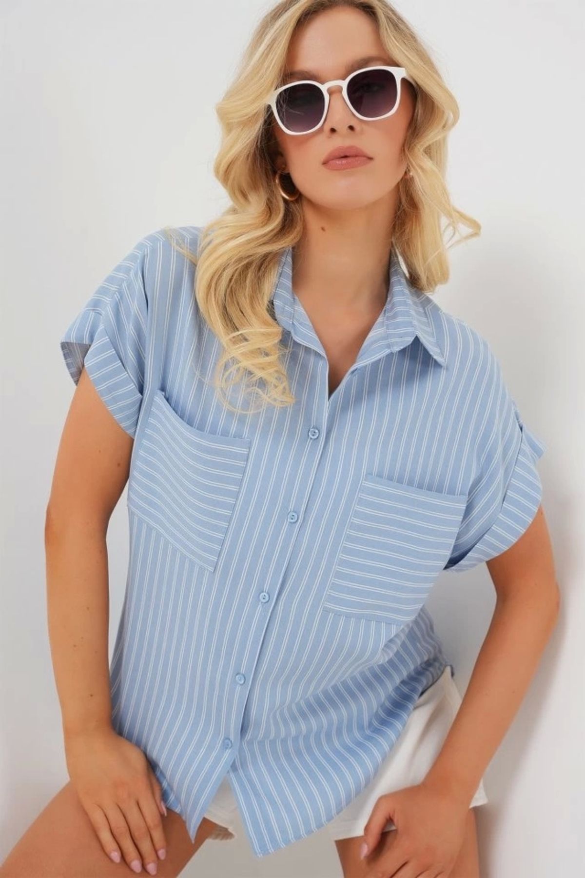Butik Kısa Kol Çizgili Oversize Gömlek 20303 - Mavi