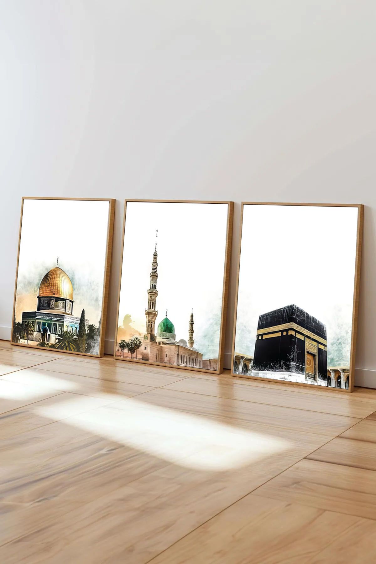 Dekorsiahome 3 Parça Ahşap Çerçeveli Kabe Mescidi Aksa Mescidi Nebevi Tabloları SET3033