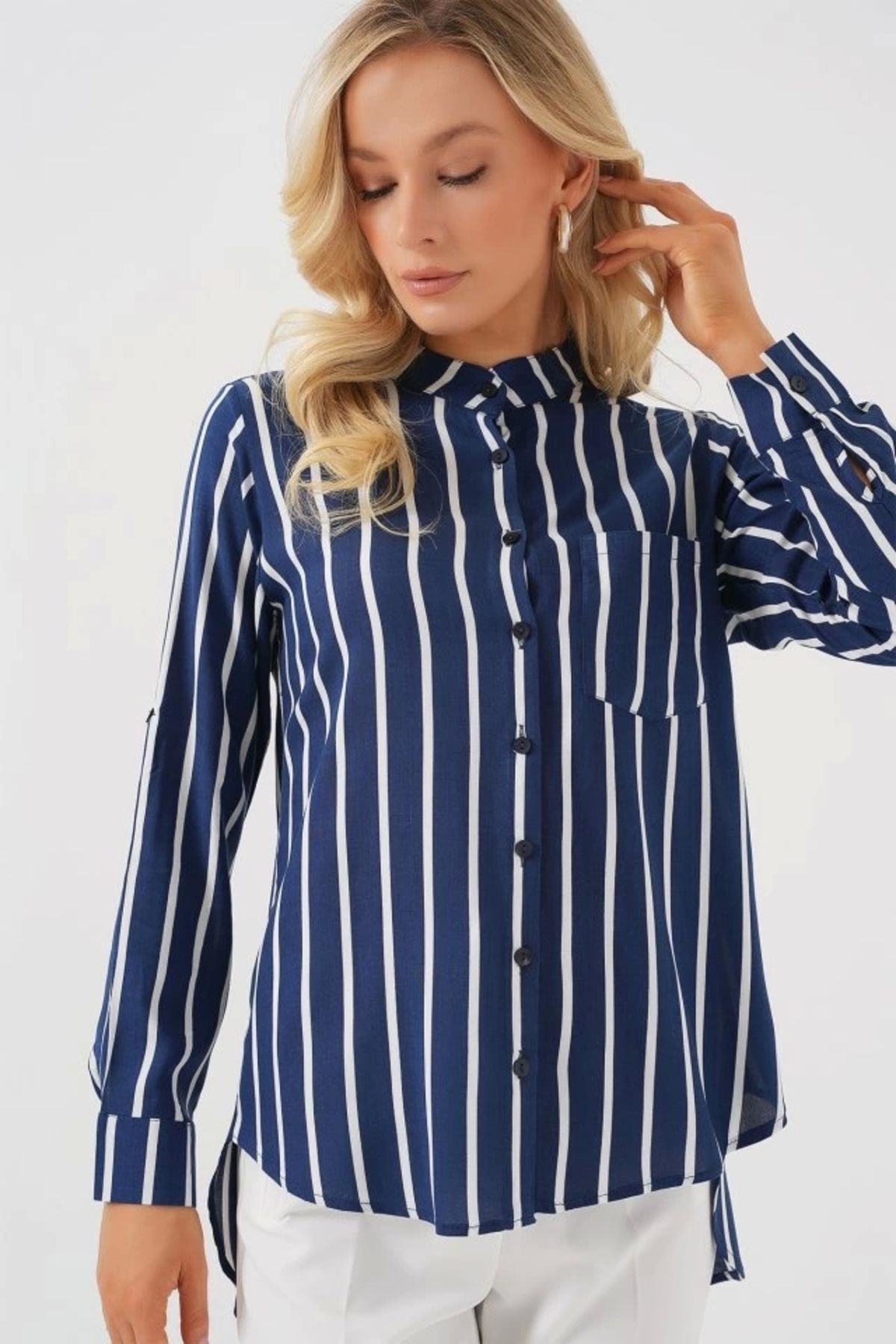 Butik Uzun Kollu Çizgili Gömlek 20283 - A.Lacivert