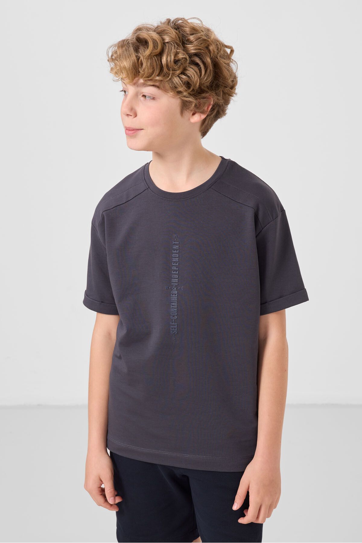 TOMMY LIFE-Anthracite Cotton Soft Textured Oversize Printed Boy's T-Shirt - 11301 3