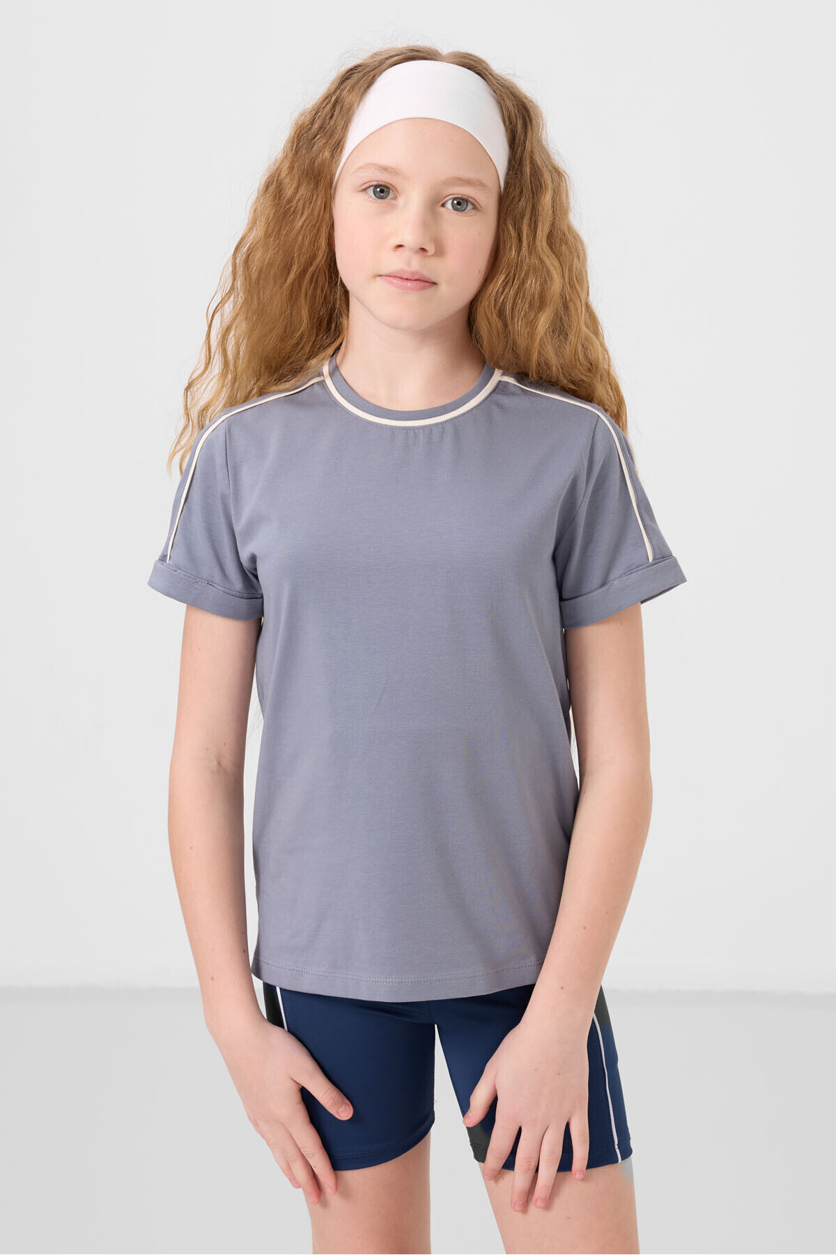 TOMMY LIFE-Dark Blue Cotton O-Neck Standard Fit Basic Girl's T-Shirt - 75177 3