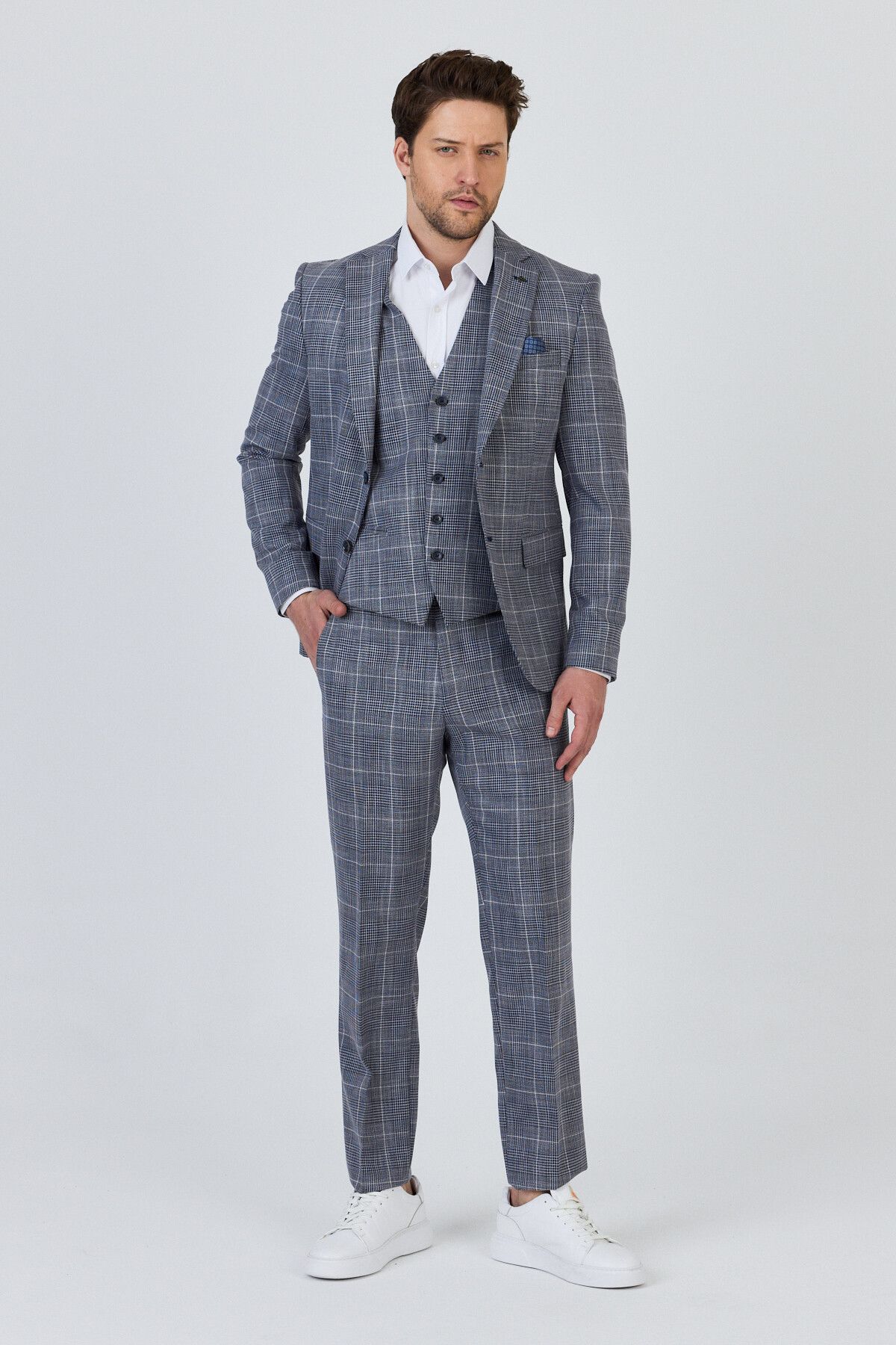 Frappoli Vincenzo Erkek Lacivert Ceket+Pantolon+Yelek Çift Yırtmaçlı Slim Fit Takim Elbise