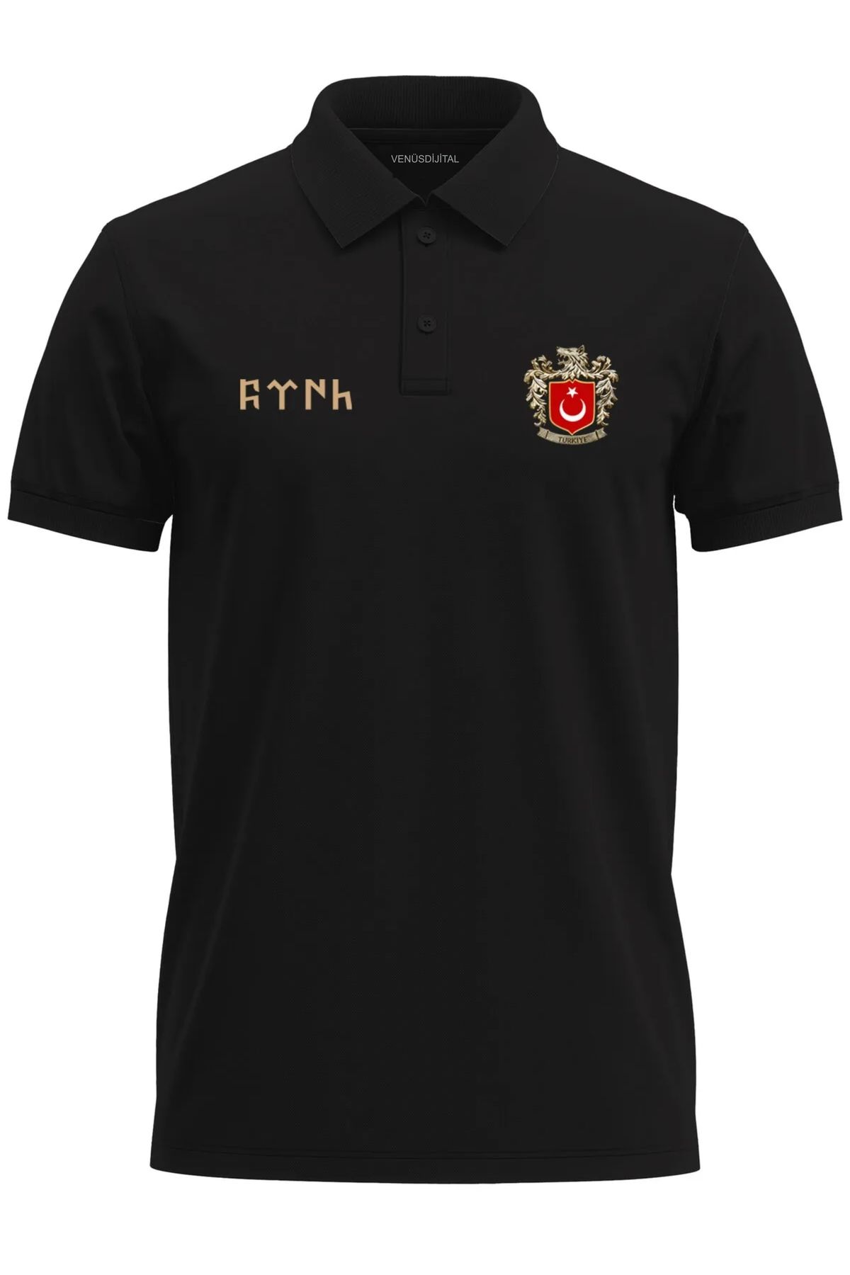 venüsdijital TÜRK ve TÜRKİYE Bozkurt Baskılı Göktürkçe Türk Yazılı Börü Regular Fit%100 Pamuk Polo Yaka T-Shirt