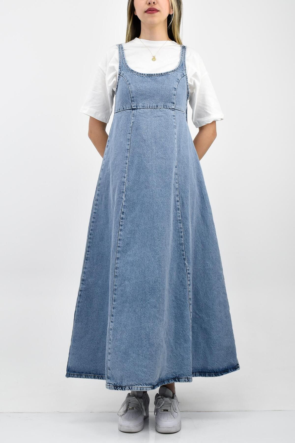birizmoda Askılı Geniş Kesim Kot Elbise