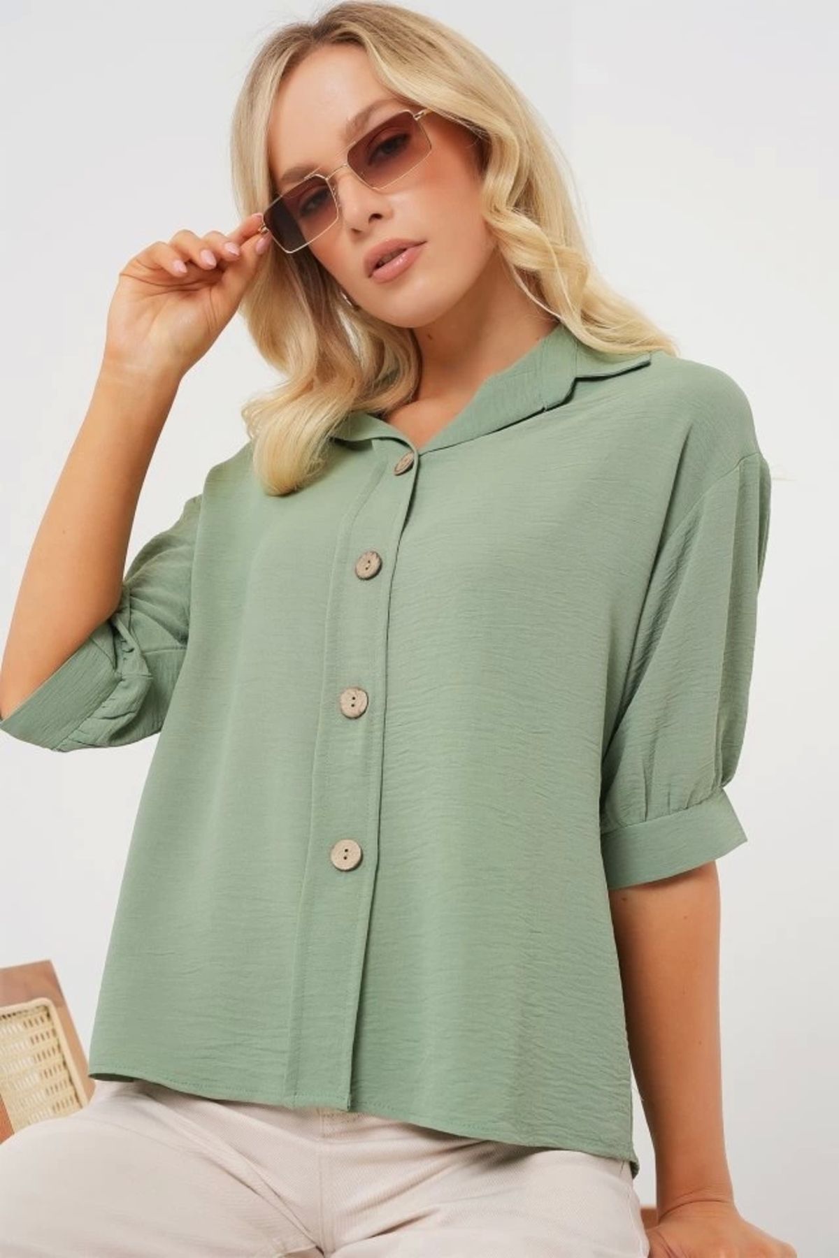 Butik Kısa Kol Oversize Keten Gömlek 20240 - Çağla