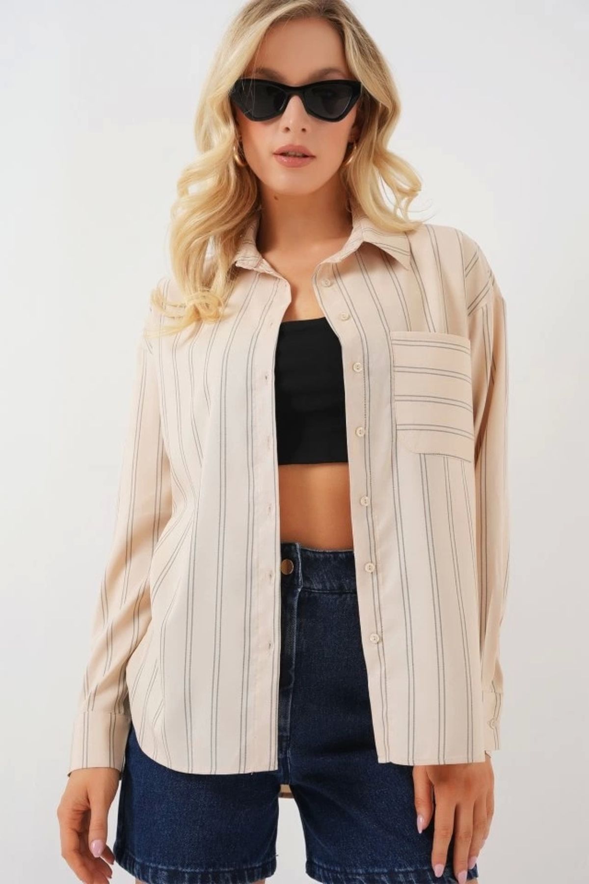 Butik 20143 Cepli Oversize Gömlek - Krem