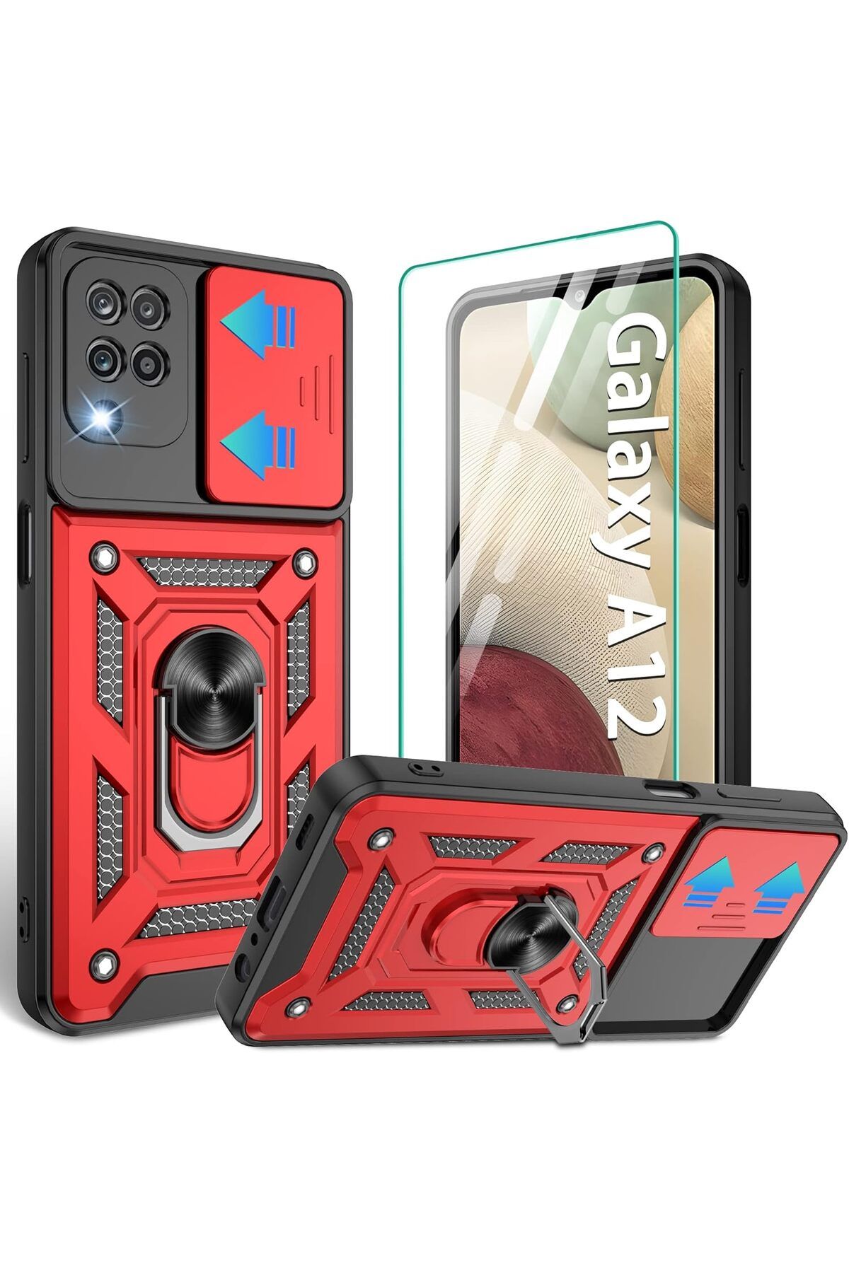 Rivor Samsung Galaxy A12 & M12 Kılıf Kamera Sürgülü Standlı Yüzüklü Darbe Emici Zırh Koruyucu Tank Kapak