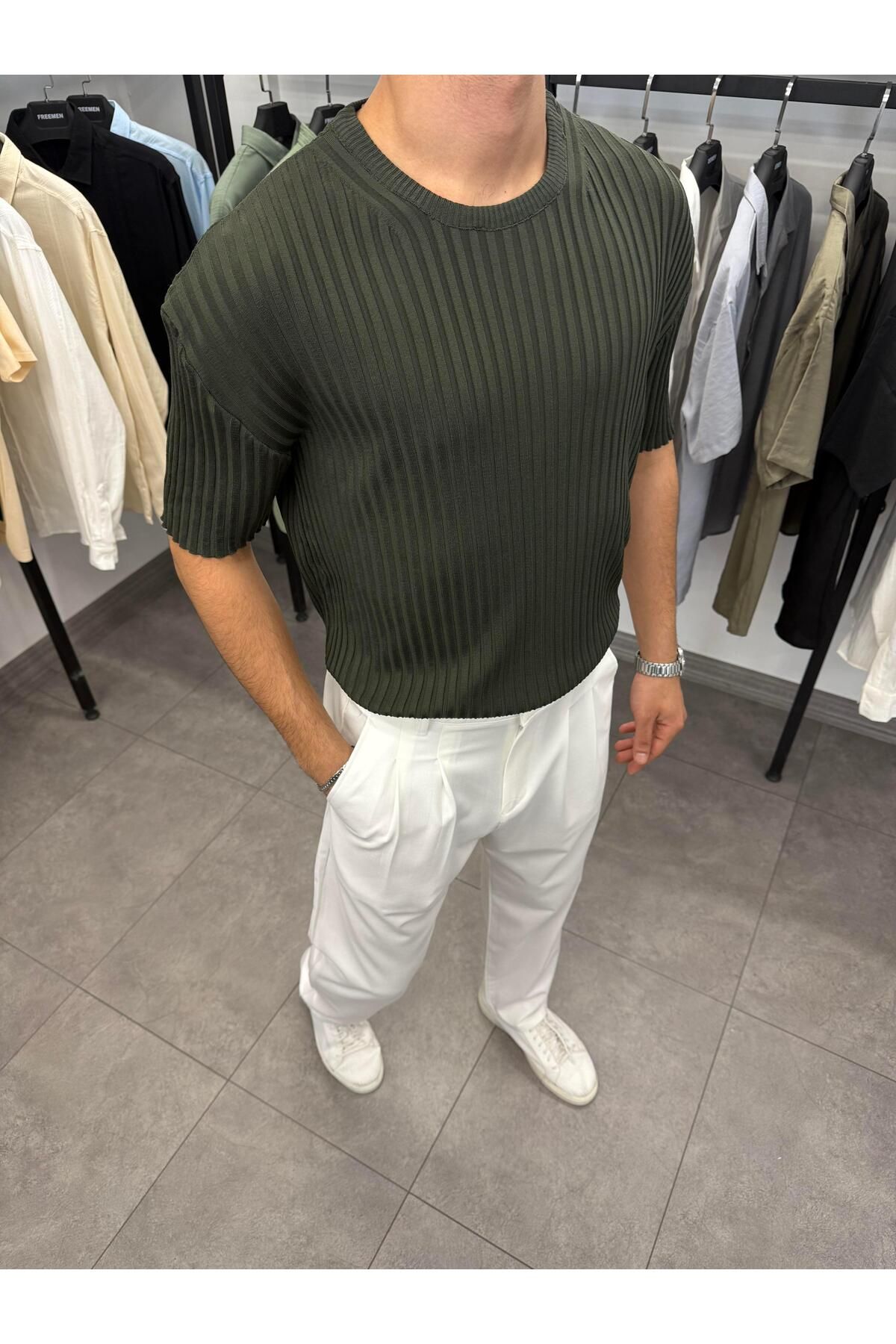 Butik Fitilli Lazer Kesim Triko %100 Likralı Haki