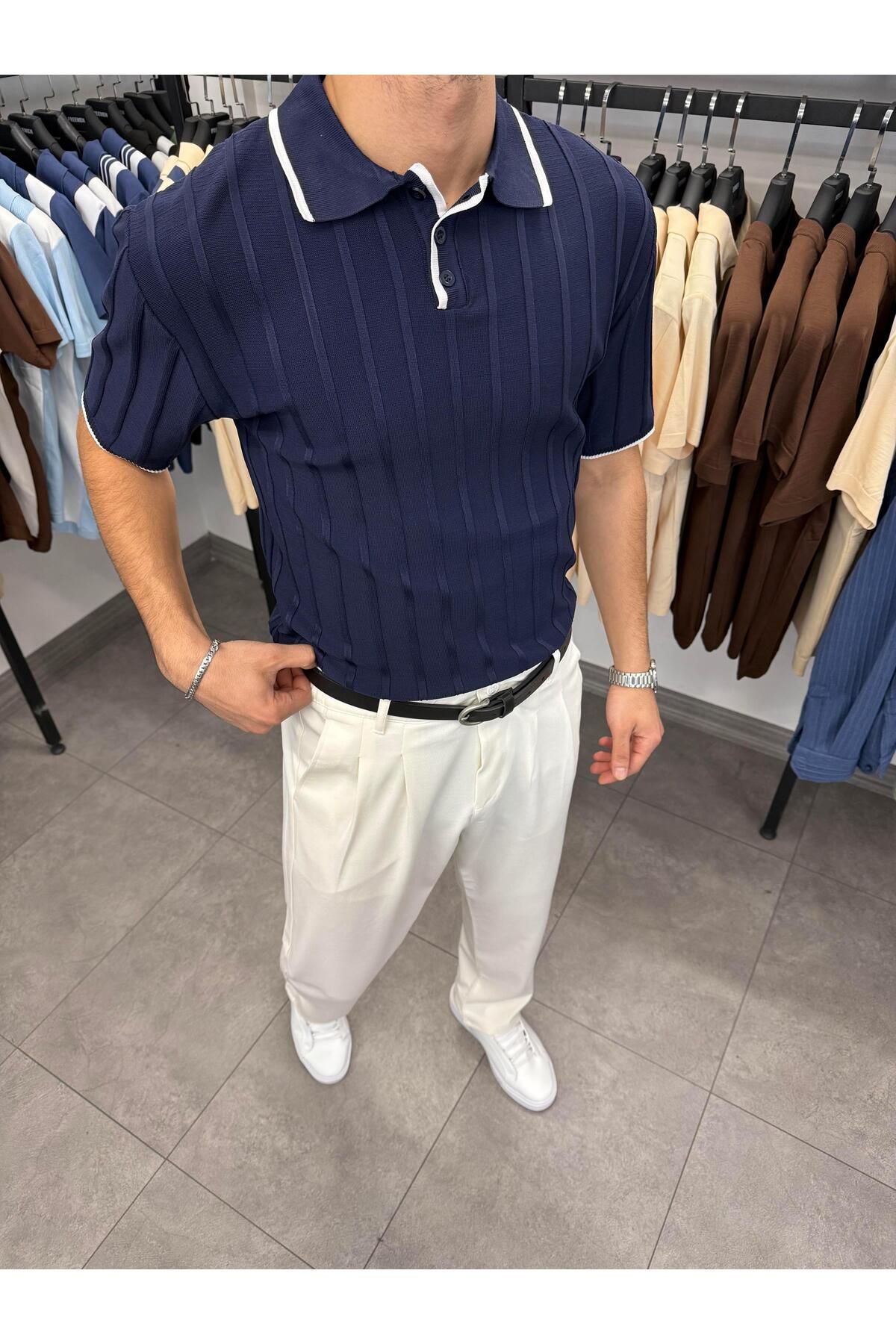 Butik Fitilli Likralı Polo Yaka Triko Lacivert