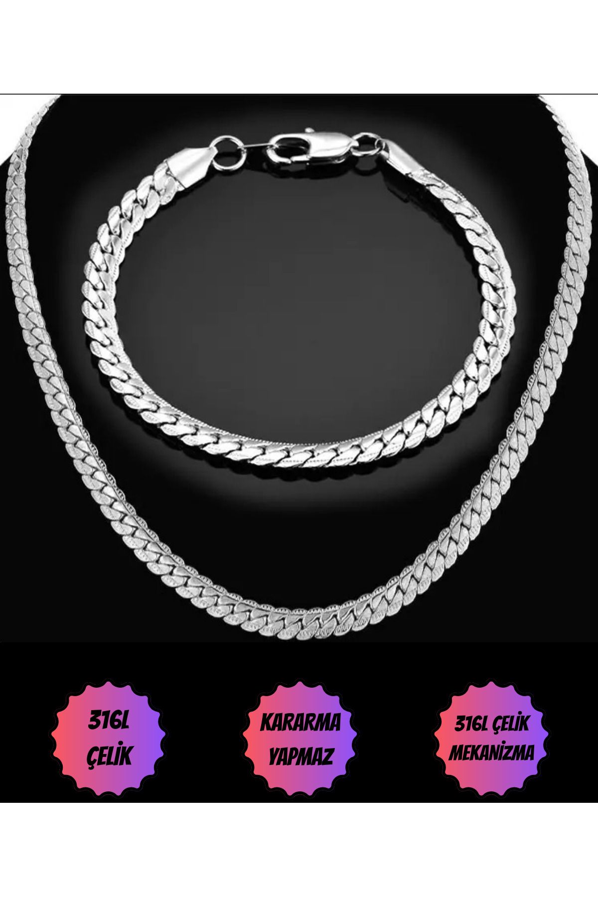 Satürn Silver Kuyumculuk Çelik Yassı Yılan Zincir Kolye ve Bileklik Set 316L Kararmaz Çelik