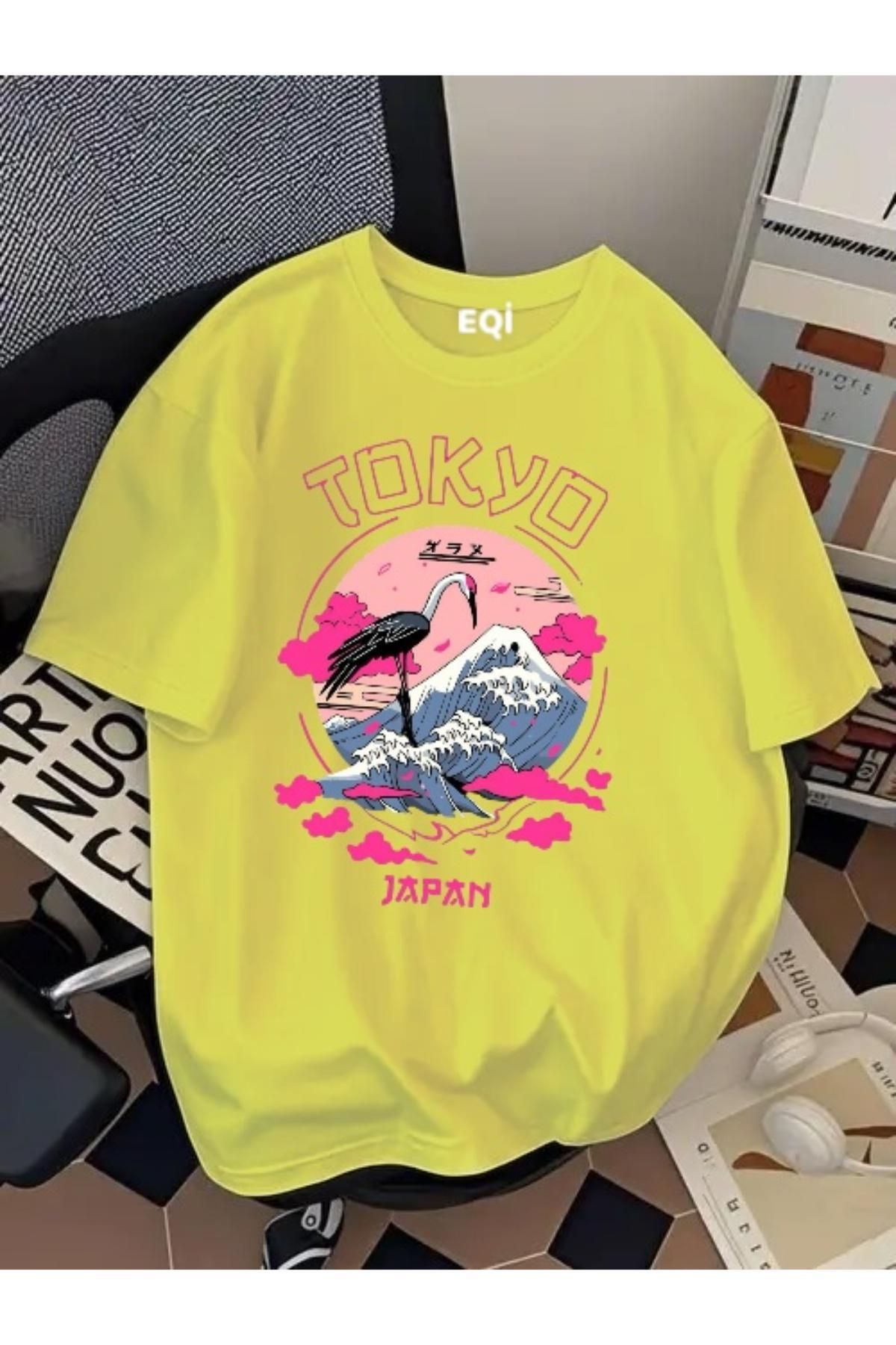 EQİ Tokyo Japon Kuş Baskılı Oversize T-Shirt