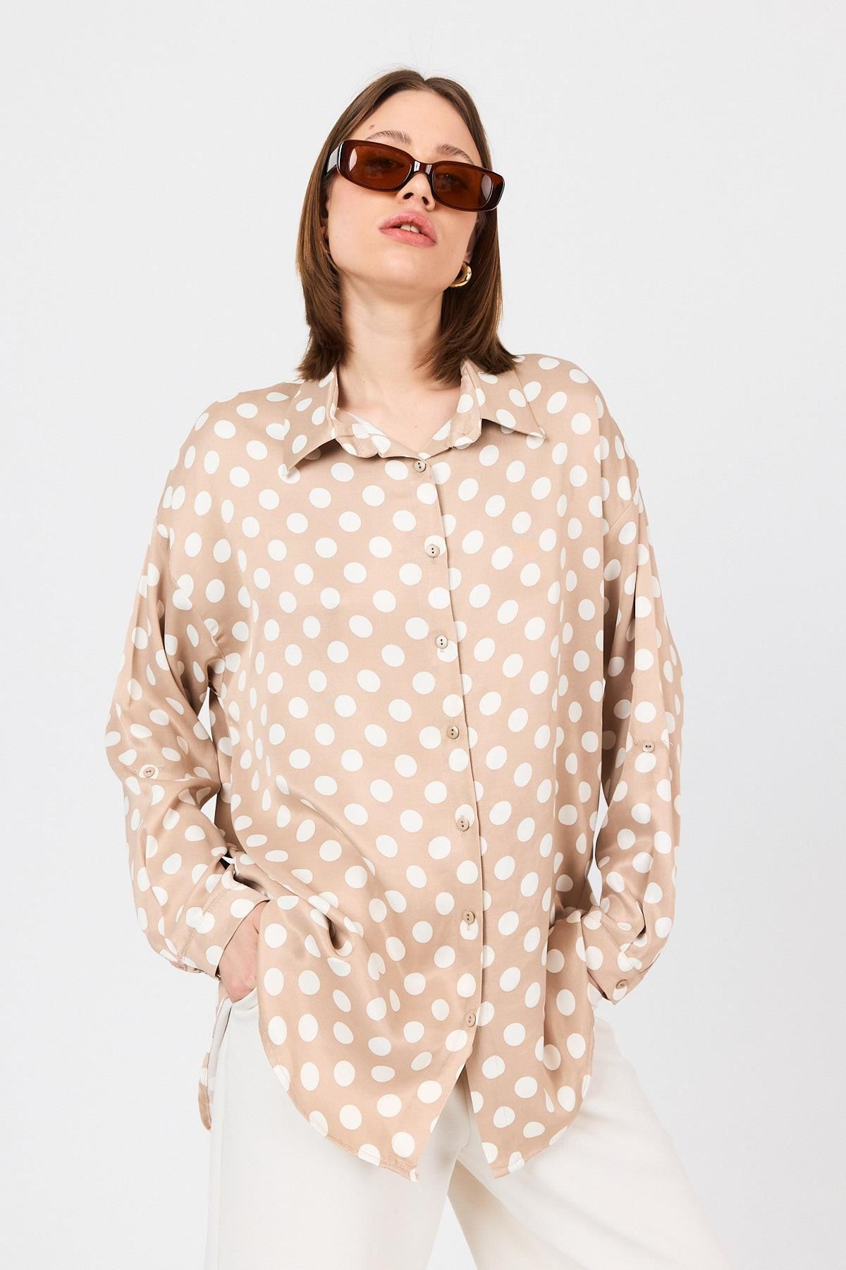 Rays Bej Puantiye Desen Oversize Saten Gömlek 9411